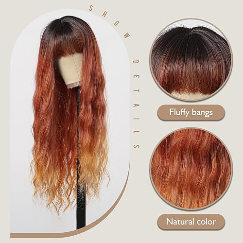 Miniatura 3 de Pelucas de jengibre con flequillo, pelucas largas onduladas para mujeres blancas, peluca sintética rizada ondulada para niñas, uso diario, fiesta,