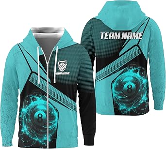 Print Pool Themed Zipper Hoodie for Men That Play Billiards 3D Hooded Jacket with 8 Ball and Turquoise Pattern