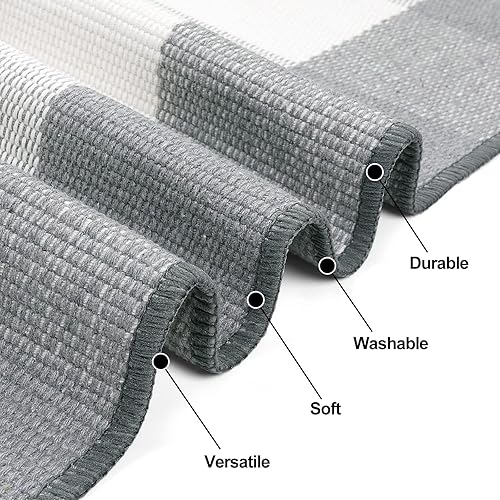 Miniatura 4 de LEEVAN Alfombra de algodón a cuadros de búfalo de 3 x 5 pulgadas, alfombra a cuadros color gris, lavable, tejida para exteriores, porche,