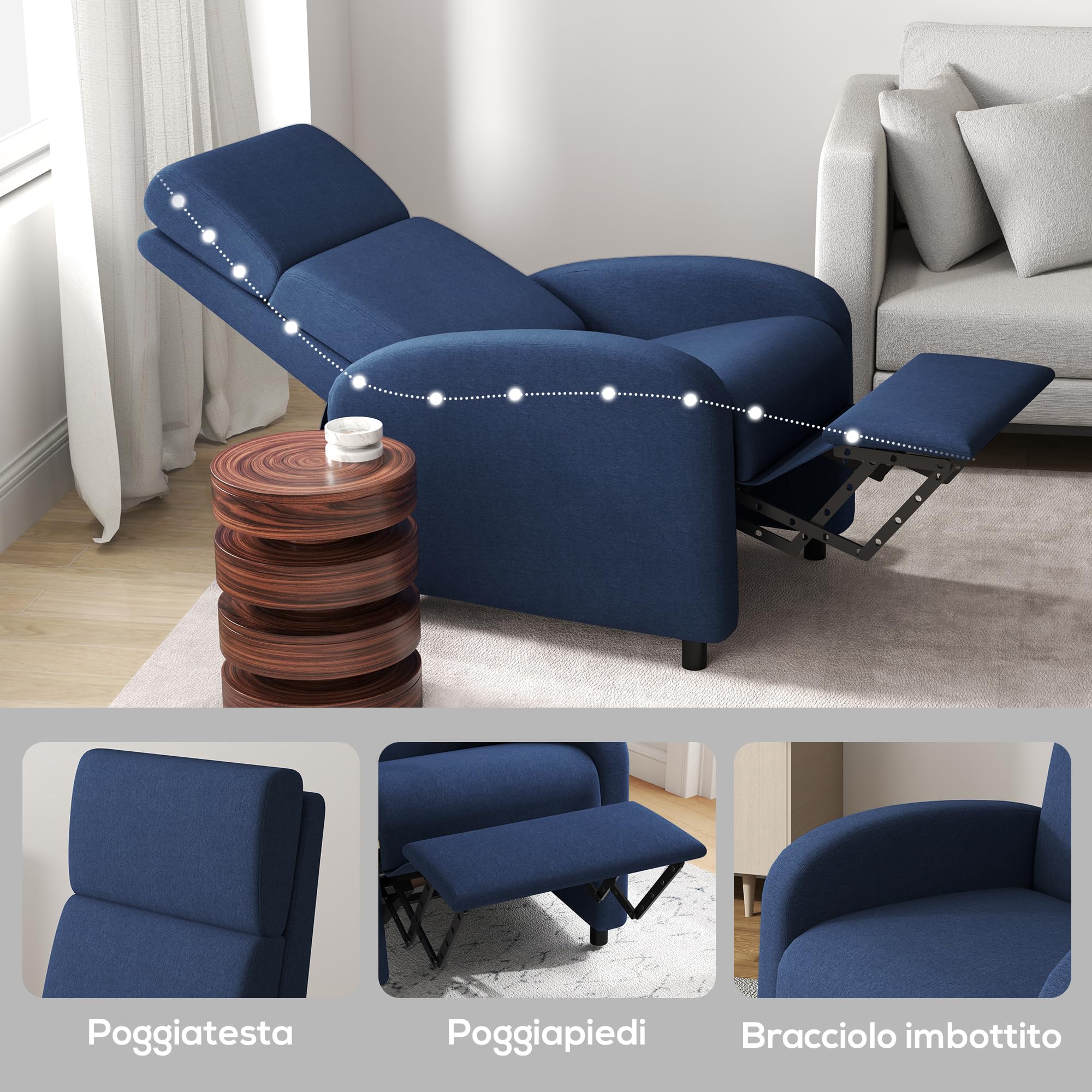 HOMCOM Poltrona Relax Reclinabile Manuale 160° con Poggiapiedi, Poltroncina Reclinabile Imbottita Ergonomica in Tessuto Effetto Lino per Camera da Letto, Ufficio, Salotto e Soggiorno, Blu