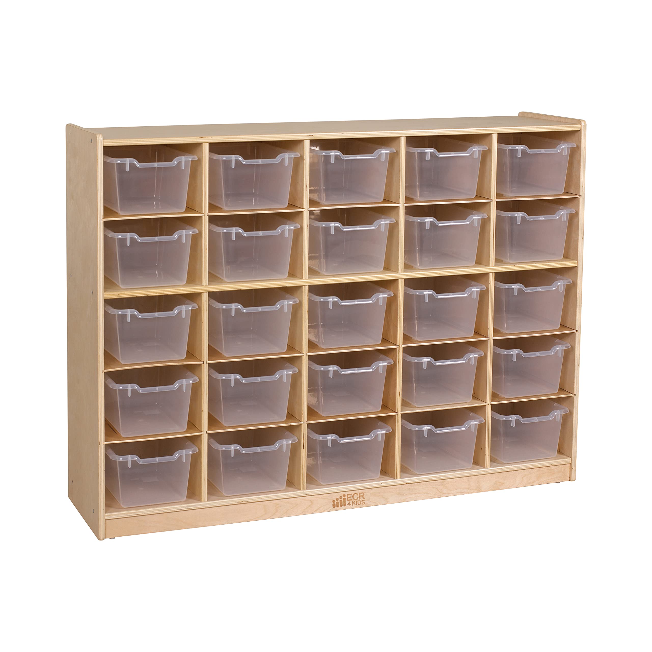 ECR4Kids 25 Cubby Tray Cabinet with Scoop Front Storage Bins, Natural, Classroom Furniture, Clear