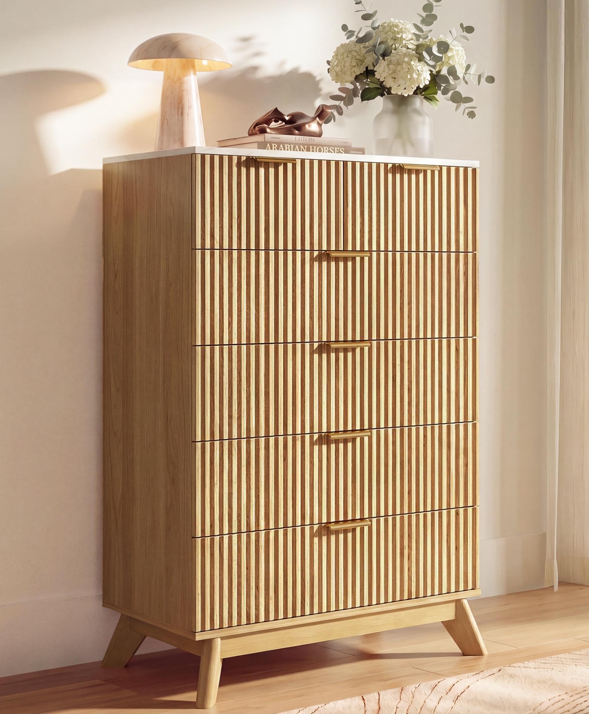 JUMMICO Fluted Tall Dresser for Bedroom, 31.5" Chest of Drawers, Natural