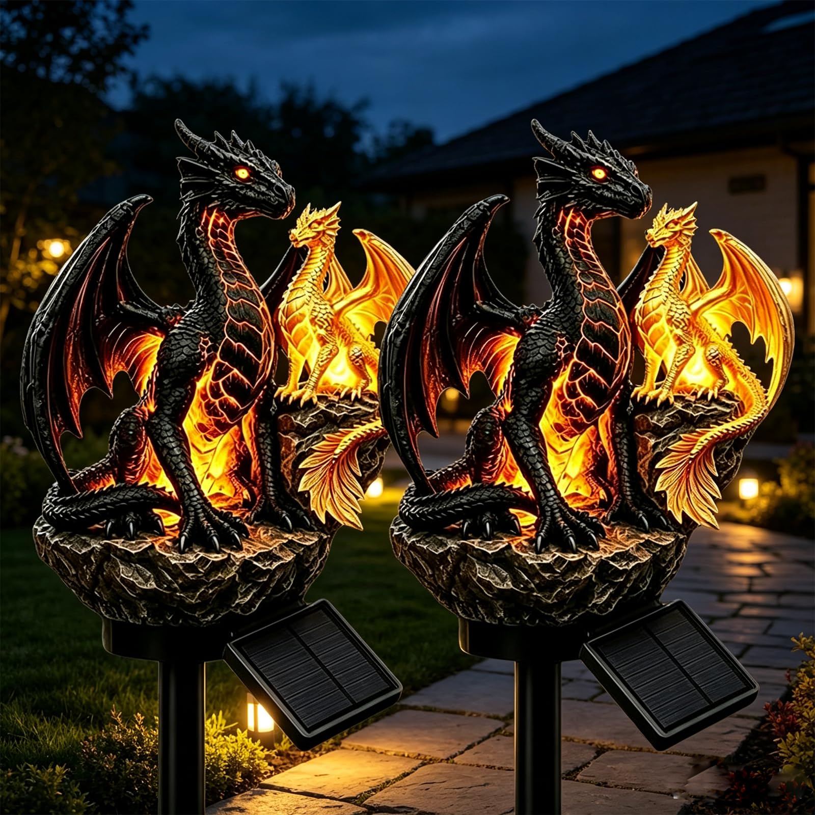 Solar Dragon Garden Statue with LED Lights, Solar Powered Dragon Lamp with Warm Glow Resin Garden Ornament, Gothic Fantasy Outdoor Decor for Lawn Patio Yard Pathway Halloween Decoration LoversοΌBοΌ2