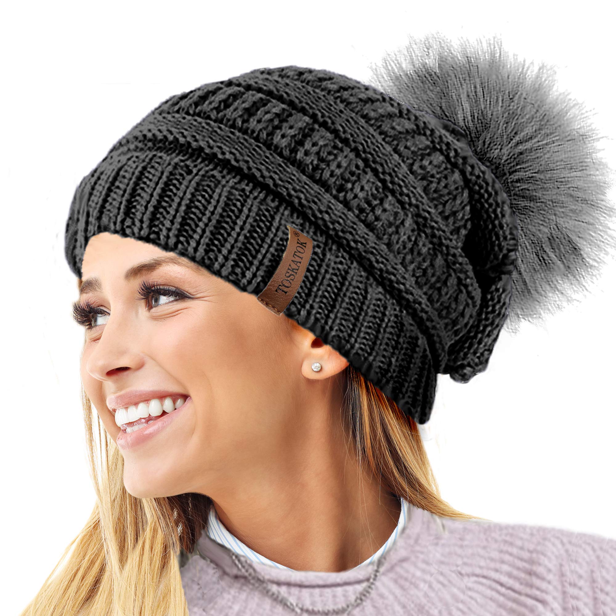 Toskatok Women's Charcoal Toskatok® Textured Knit Beanie Hat With Detachable Faux Fur Pom Pom