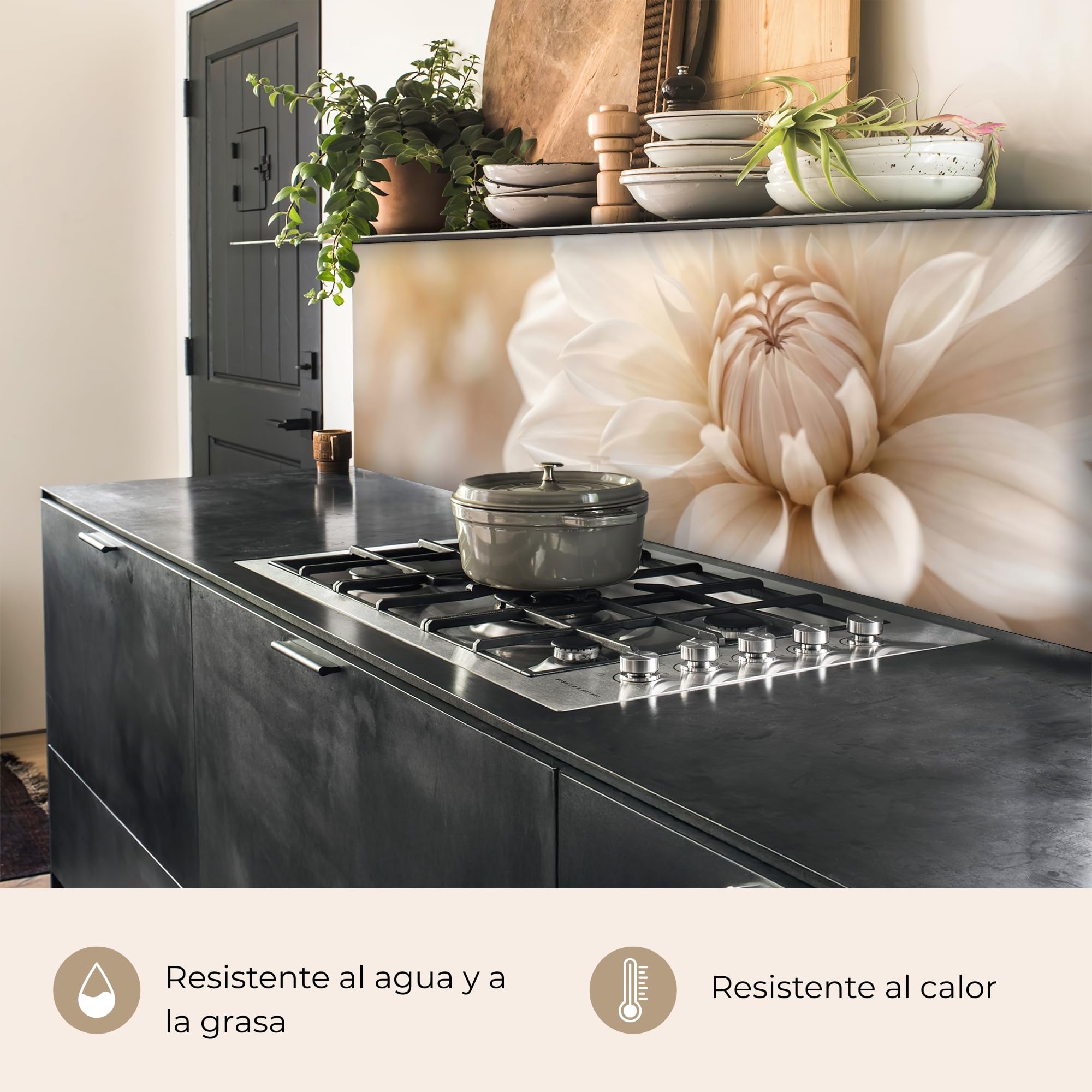 KitchenYeah© Antisalpicaduras Cocina 80x400 cm Adhesivo Salpicadero Protector Salpicaduras Kitchen Flor - Dalia - Blanco