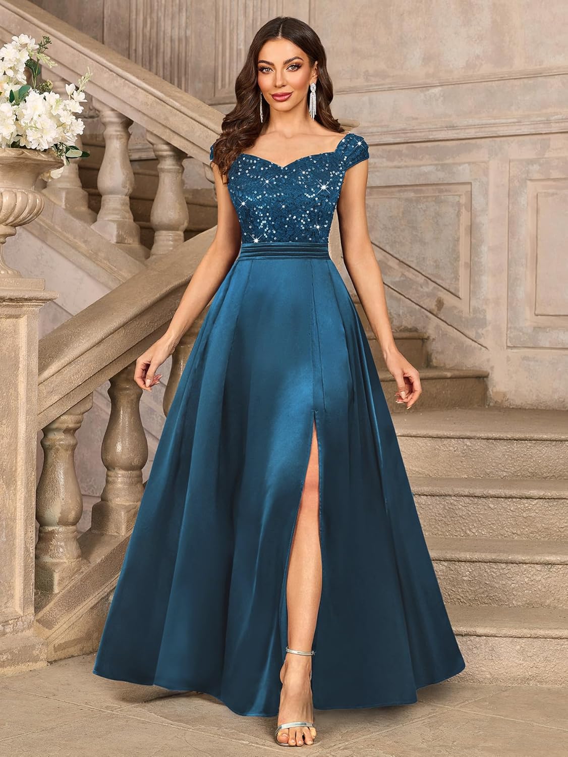 Miusol Women's Elegant V-Neck Sequin Lace Contrast Satin Split Bridesmaid Maxi Dress - Image 6