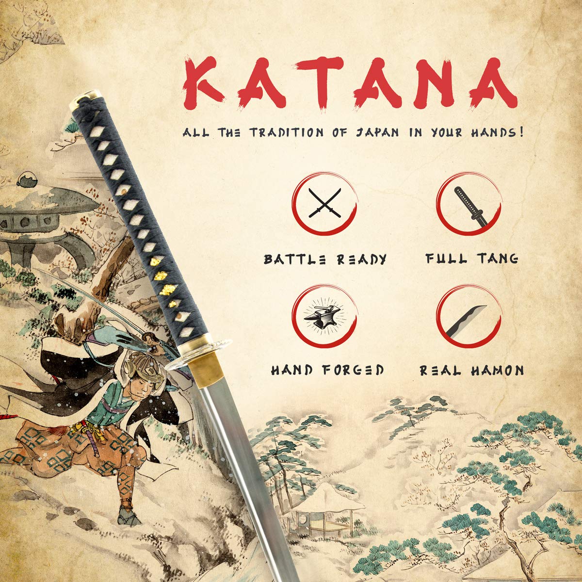 Handmade Sword - Samurai Katana Sword, Practical, Hand Forged, 1045 Carbon Steel, Heat Tempered, Full Tang, Sharp, Dragon Tsuba, Black Wooden Scabbard Painted Colorful Dragon