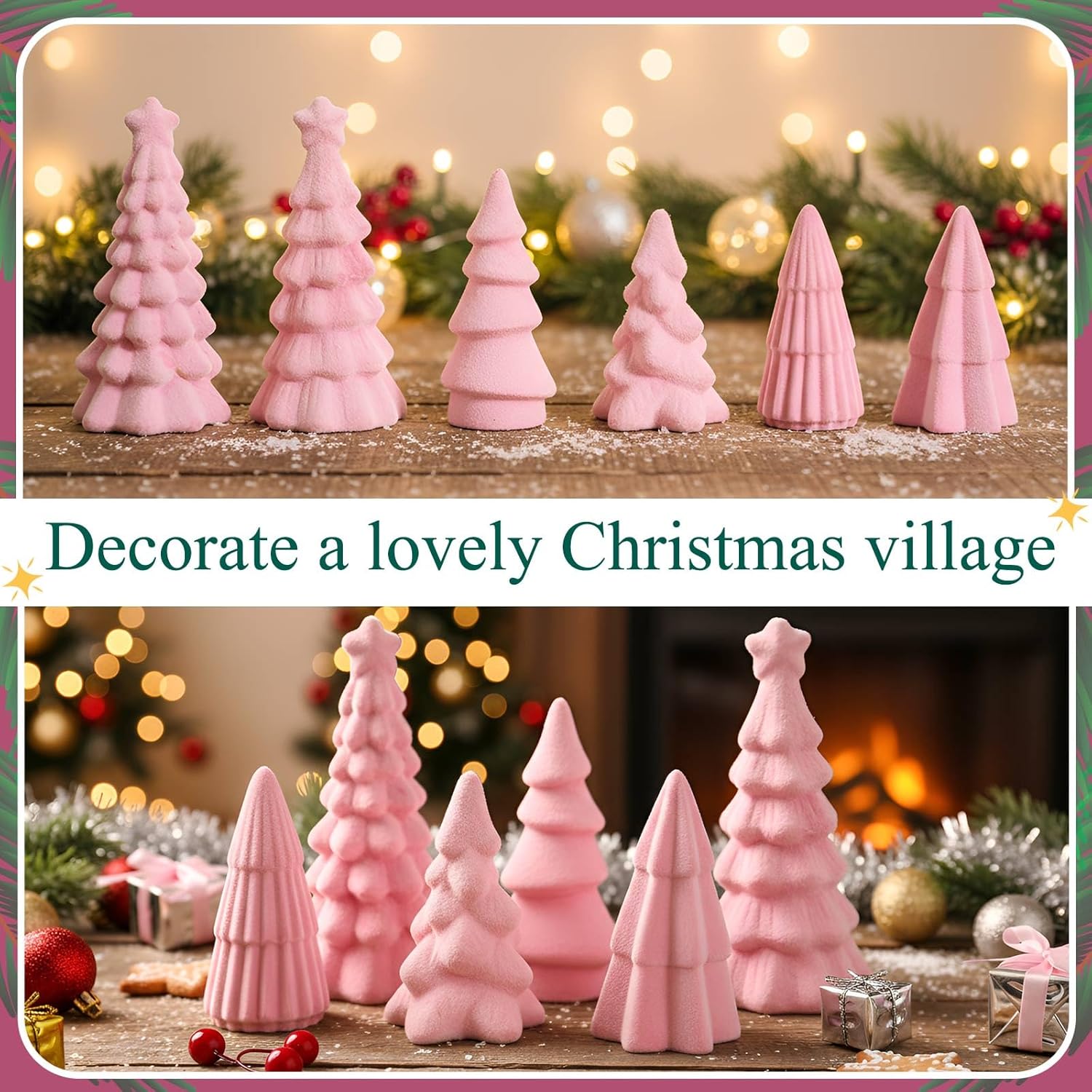 Bucherry 6 Pcs Christmas Ceramics Velvet Trees Set Christmas Table Decorations 3 Sizes Velvet Xmas Tree for Winter Holiday Table Centerpiece Decorations Mantel Decor Xmas Gifts(Pink) - Image 6