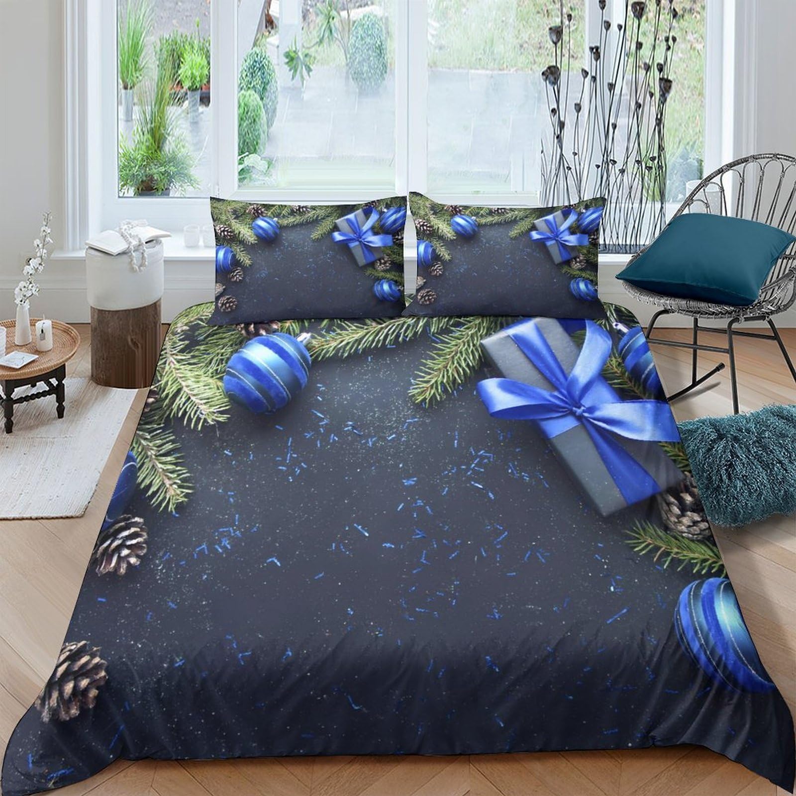 GPLZQXKJNH 3D Printed Blue Christmas Ornament Duvet Cover Microfiber Soft Breathable Pine Gift Bedding Set with 2 Pillowcases for Bedroom Decor, 100x200cm-260x220cm Single（135x200cm）