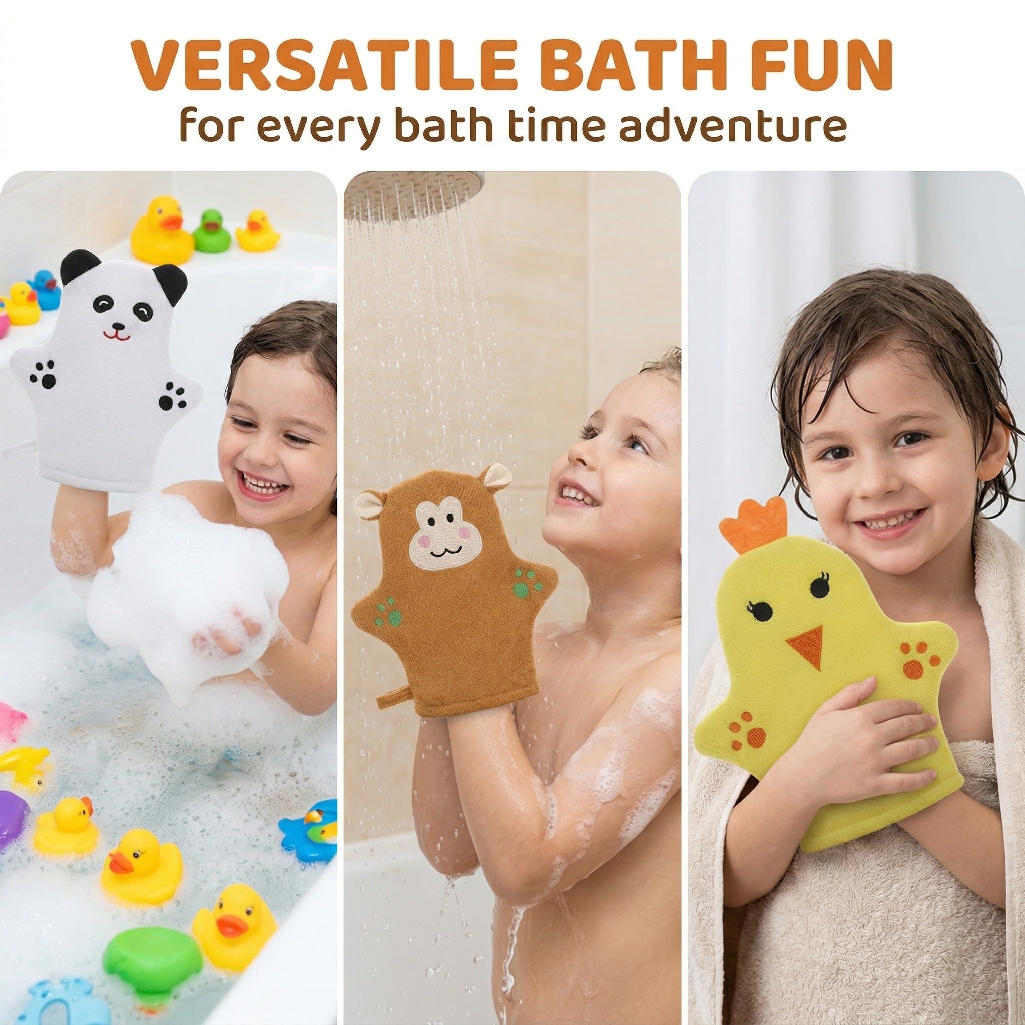 Lot de 3 Gants de Toilette Bébé en Coton, Gants de Toilette Enfant avec Motifs Animaux (Ours, Singe, Poussin), Gant de Toilette Marionnette Rigolo pour le Bain et la Douche, Doux et Absorbant