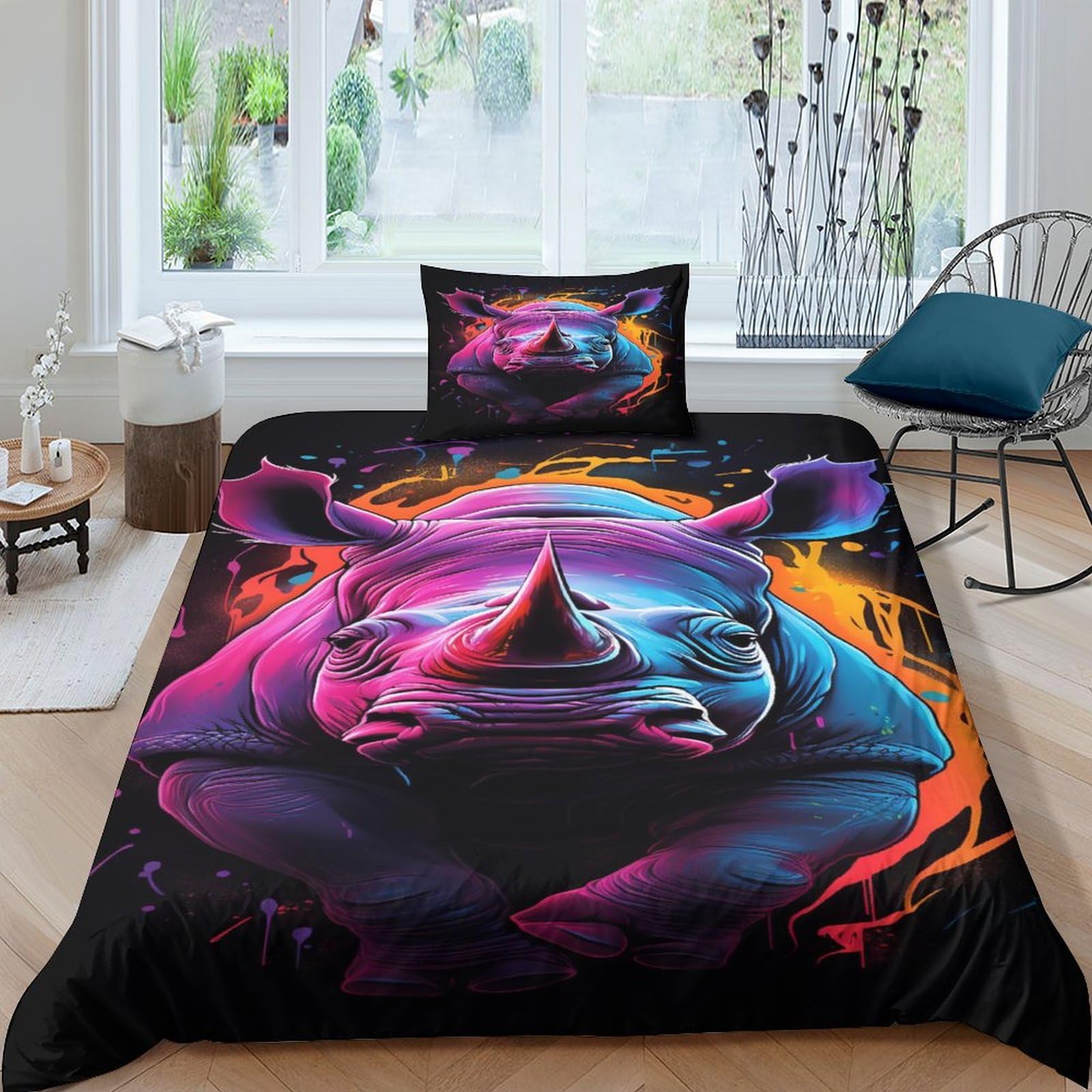 Parure de lit rhinocéros 3D hypoallergénique et douce pour lit simple