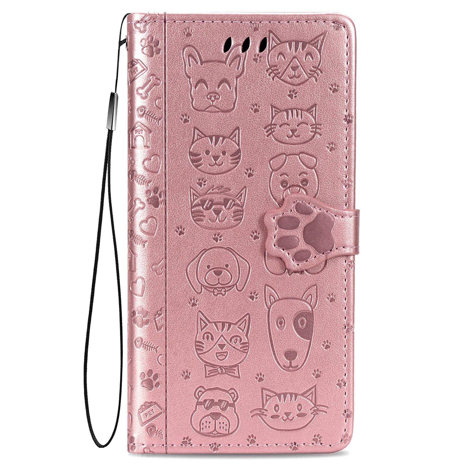 Fertuo Cover Portafoglio Per Xiaomi Redmi 9T - Custodia A Libro In Pelle Con Simpatici Disegni Gatto E Cane - Oro Rosa