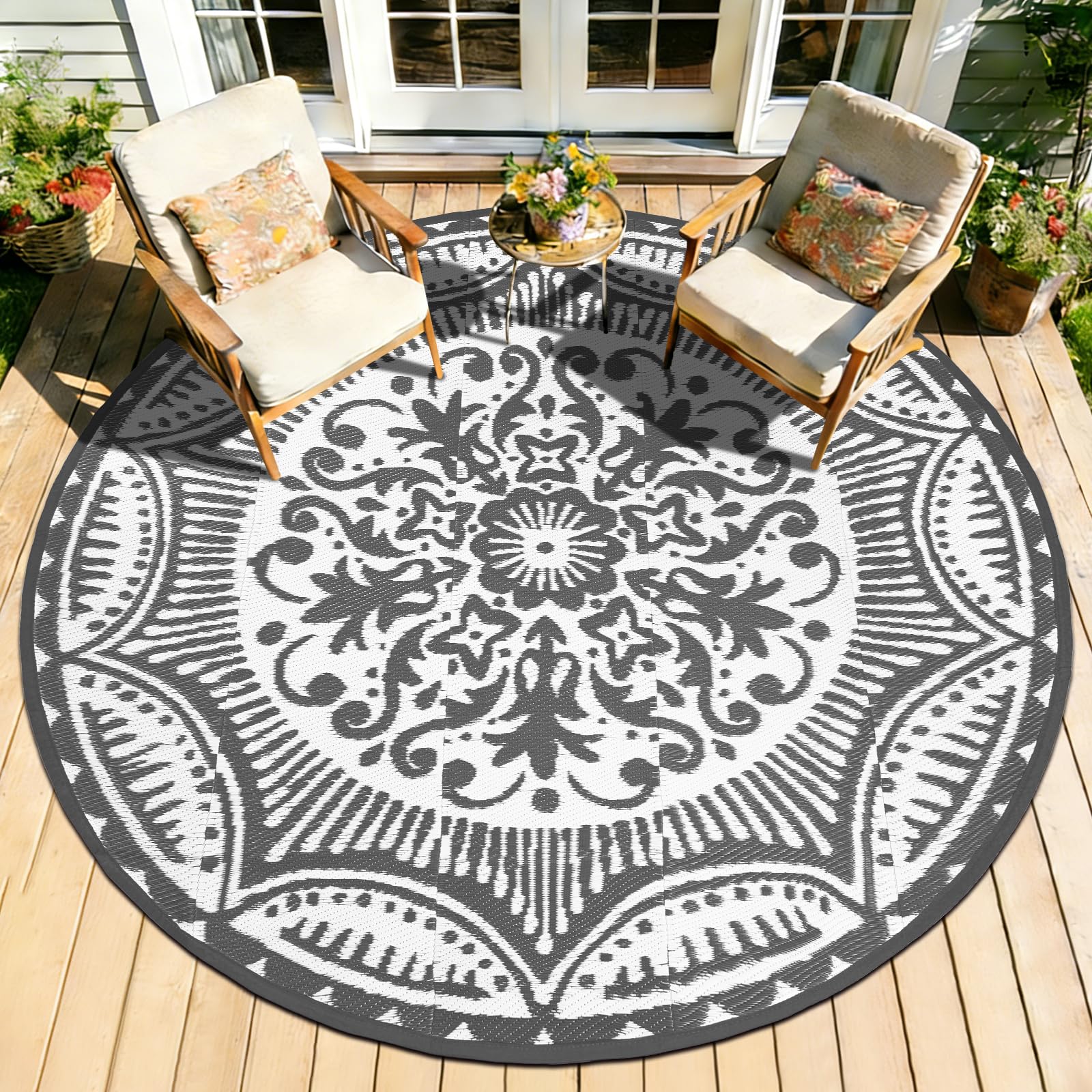 Tapis de camping en plastique rond Ø 180 cm gris de terrasse et tente