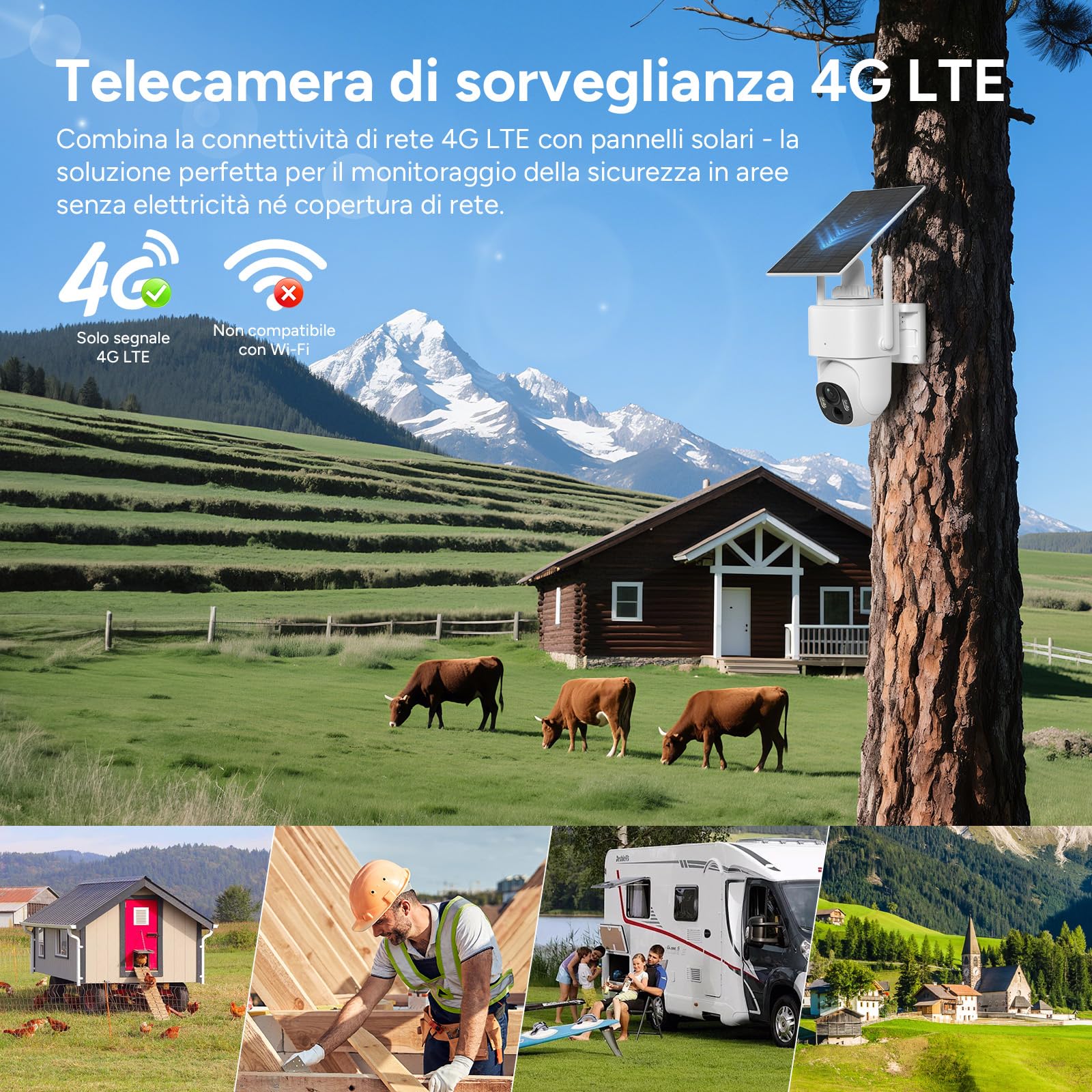 WOOX Telecamera di Sorveglianza Esterna senza WiFi, 2K 3MP Telecamera 4G LTE con Pannello Solare, PTZ 355° e 140°, Visione Notturna a Colori, rilevamento AI, Locale e Cloud (Senza scheda SIM)