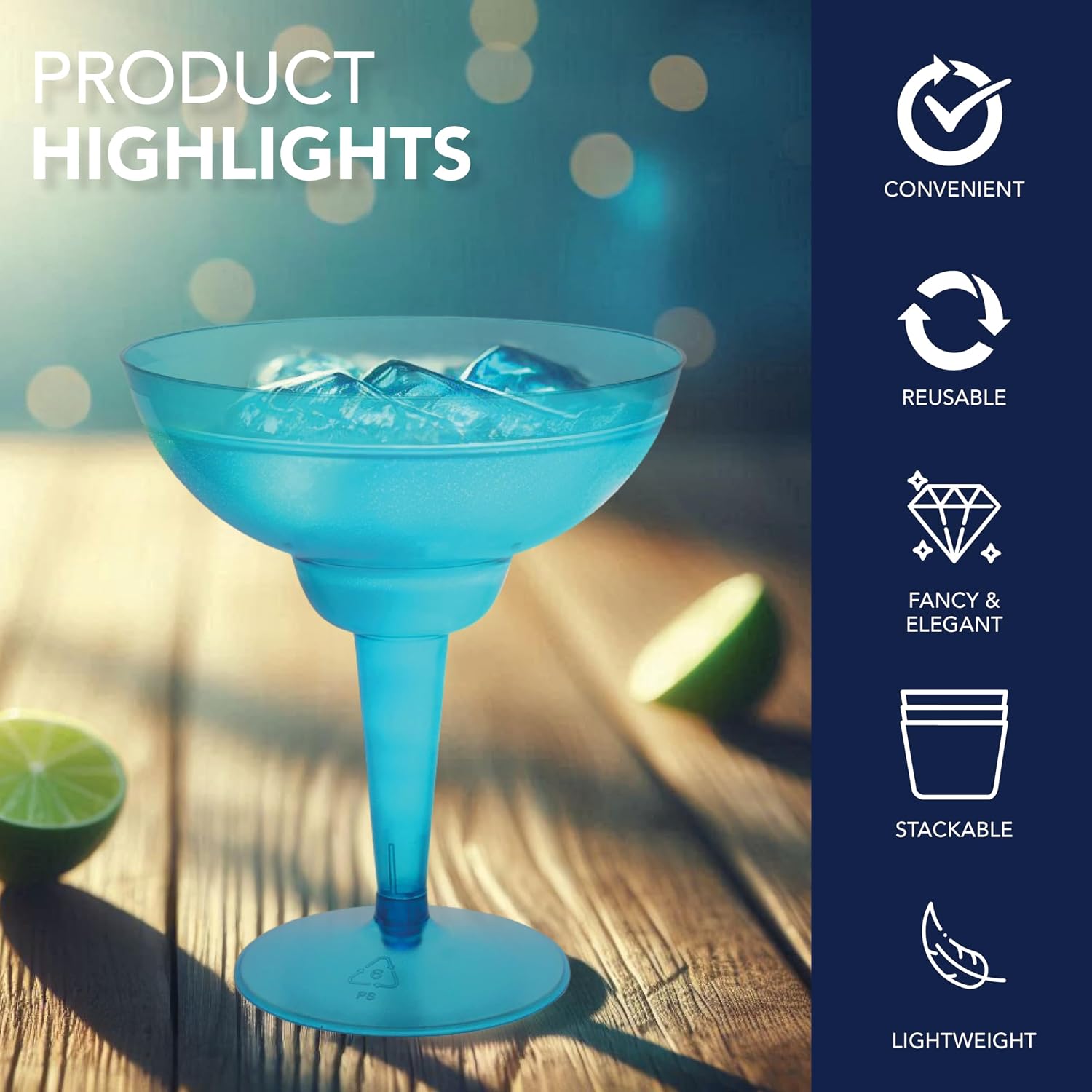 Party Essentials Hard Plastic Two Piece 12-Ounce Margarita Glasses, Neon Blue, 10 Count
