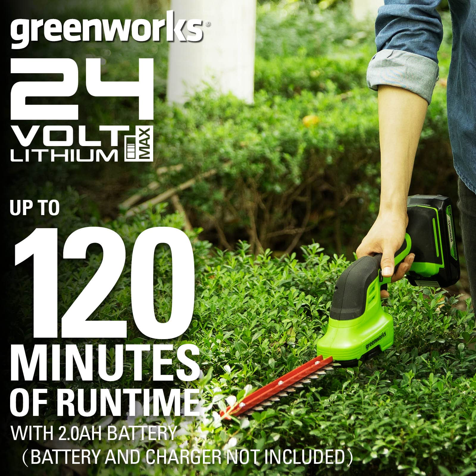 Greenworks Cortacésped de batería GD24LM33K2 (Li-Ion 24V 33cm a Incluye batería de 2Ah y cargador)+Greenworks 2in1 tijeras de batería para arbustos y césped G24SHT,Li-Ion 24V
