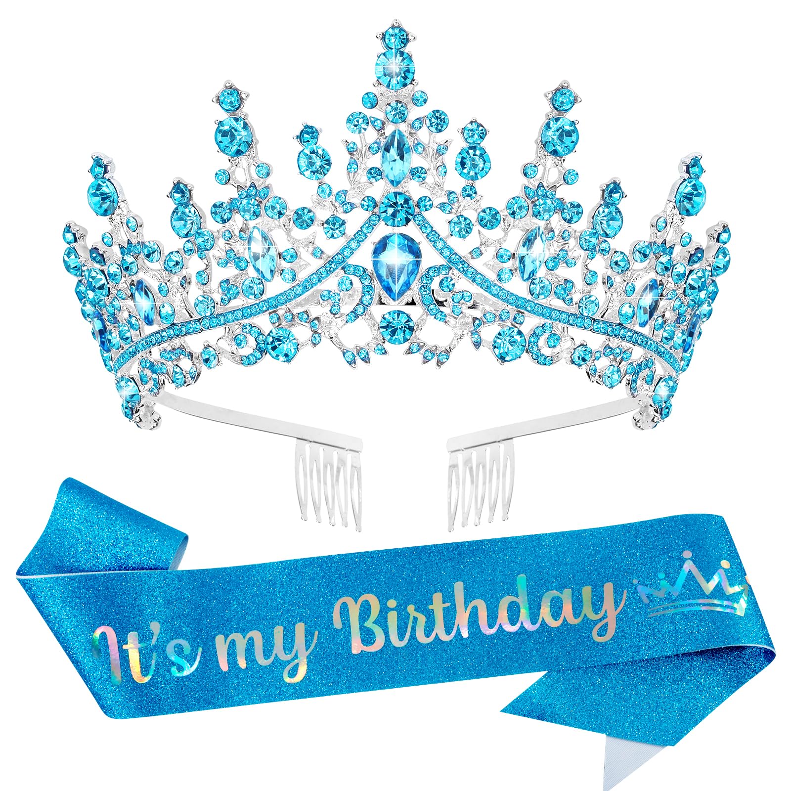 VELSCRUN Blue Crystal Birthday Tiara Crowns for Women Girls It's My Birthday Sash Queen Girls Princess Crown with Combs Happy Birth Party Decorations