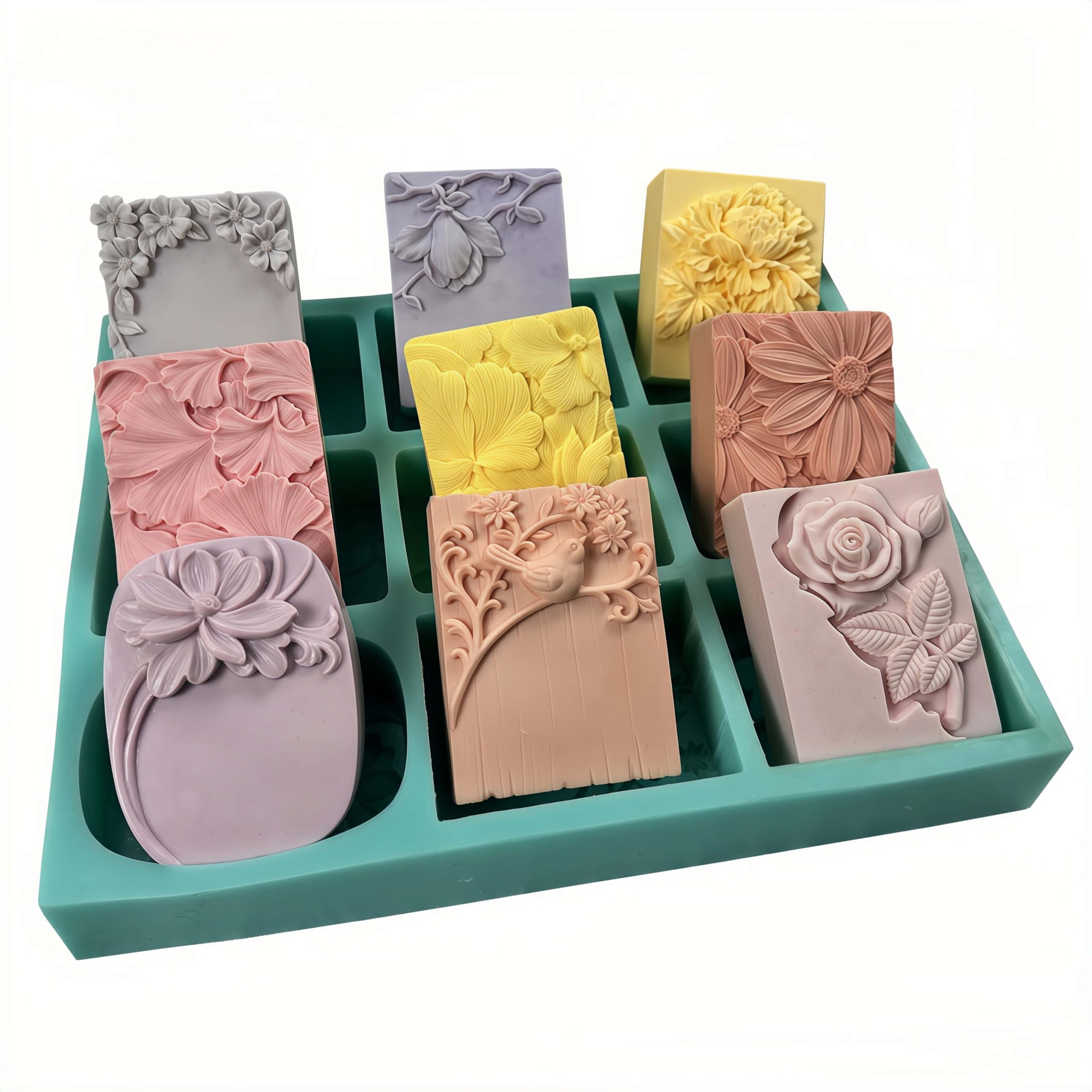 Molde de jabón de flores mixtas de 9 cavidades, bandeja de silicona hecha a mano, molde de silicona de flores para jabón natural, cera perfumada, difusor de yeso, decoraciones epoxi de cristal (IB-9