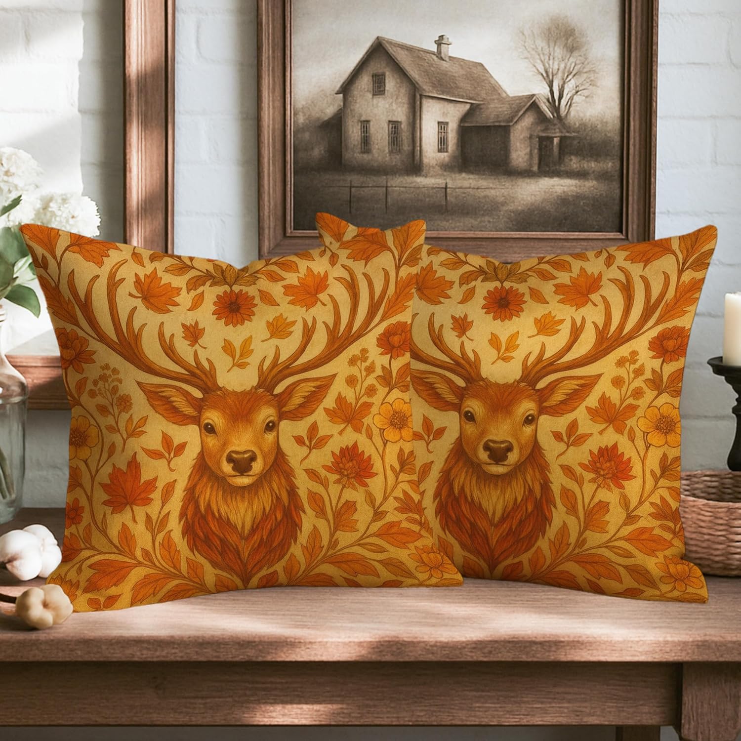 Floral and Fall Leaves Autumn Deer Throw Pillow Cover Set of 2, Decorative Cushion Covers for Home Sofa Bed Couch Decor, Orange, 24x24 Inch