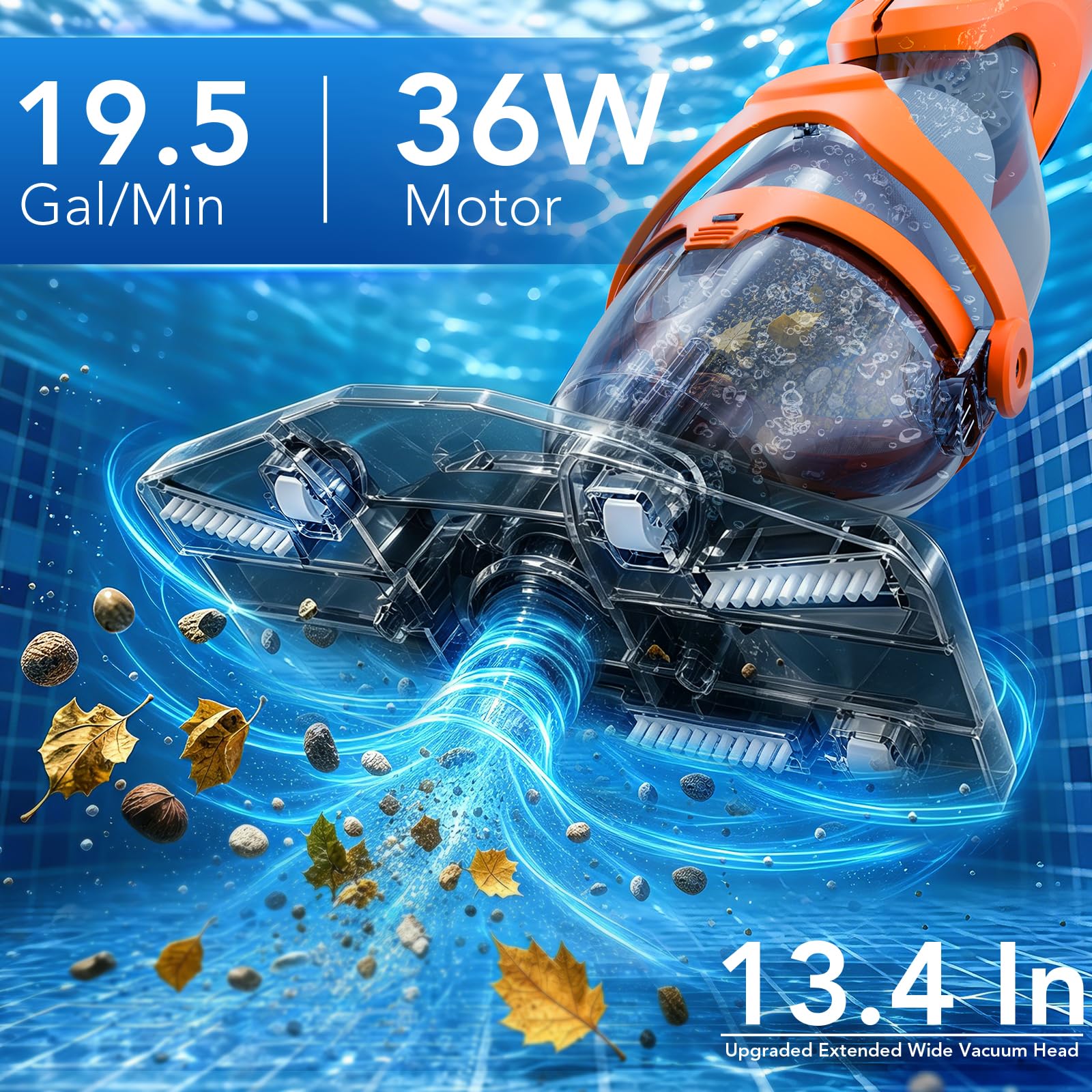 COWSAR Aspiratore per piscina fuori terra, nuova tecnologia VortexForce™ - 19,5 GPM/50kPa aspirazione potente a doppia modalità, testa più larga 34 cm e asta telescopica da 71 pollici, autonomia 1H