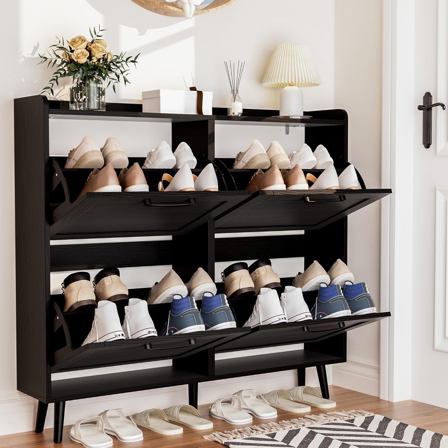 TEROL Shoe Storage Cabinet with 4 Flip Drawers, Freestanding Shoe Organizer with Adjustable Shelf & Anti-Tipping Device, Hidden Shoe Rack for Entryway, Hallway, Foyer, Lounge（Black）