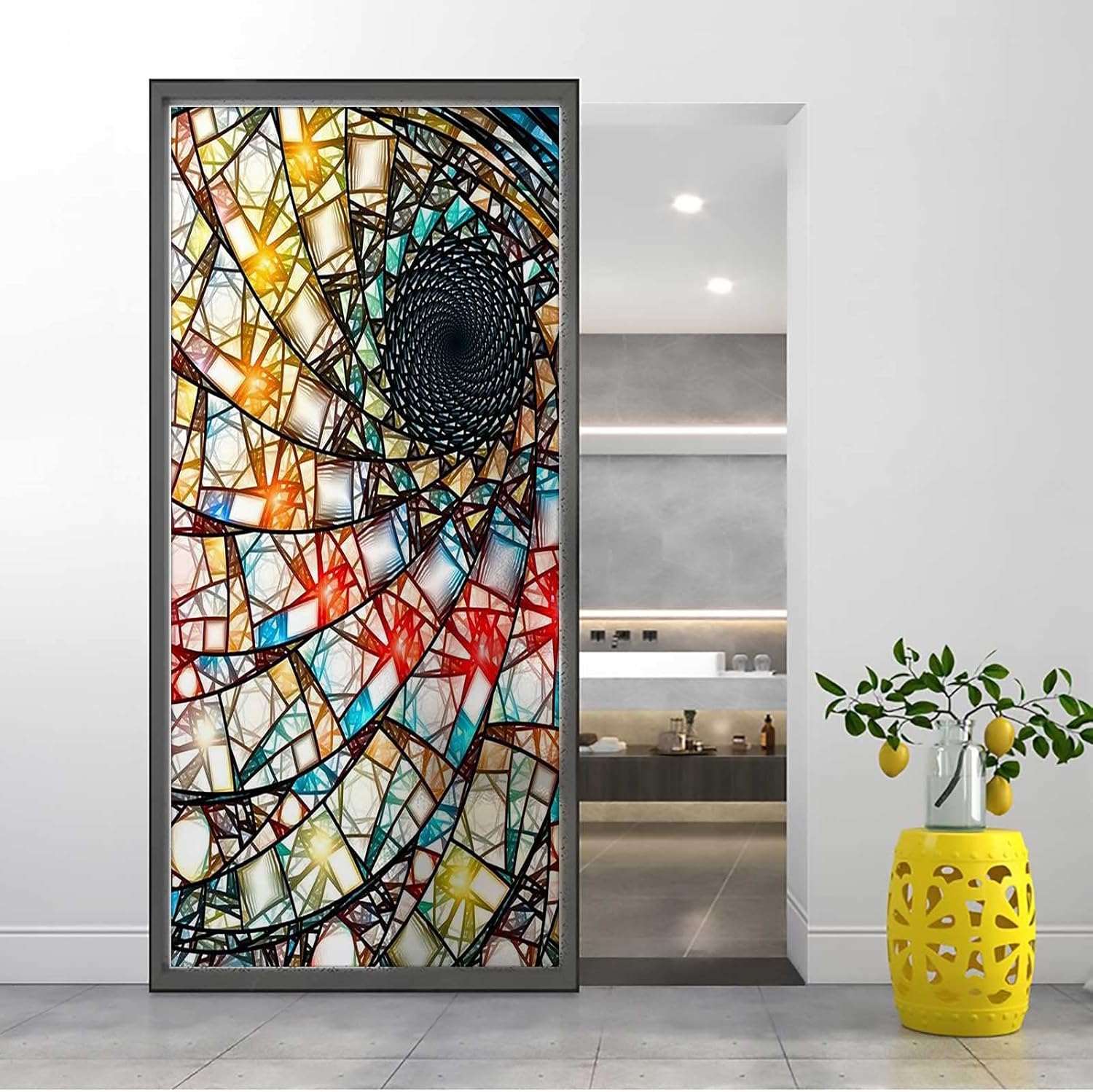 Stained Glass Window Film Privacy One Way Abstract Colorful Static Cling Vinyl Glass Film Decorations for Bathroom Office 35.4 x 78.7 in