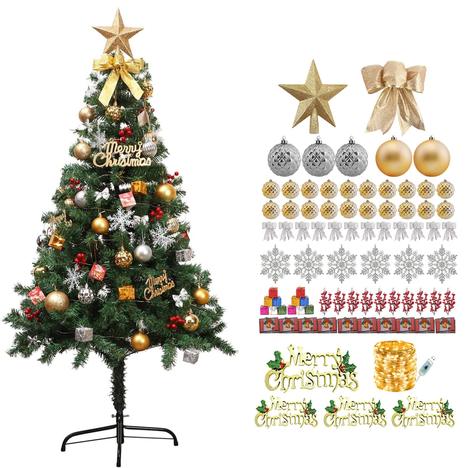 1.5M Premium Christmas Tree Artificial Xmas Pine Tree and Assorted Decorations, Christmas Tree Ornaments Set Indoor Outdoor Tree Decor Gifts for Home Party Festival Holiday (Golden)