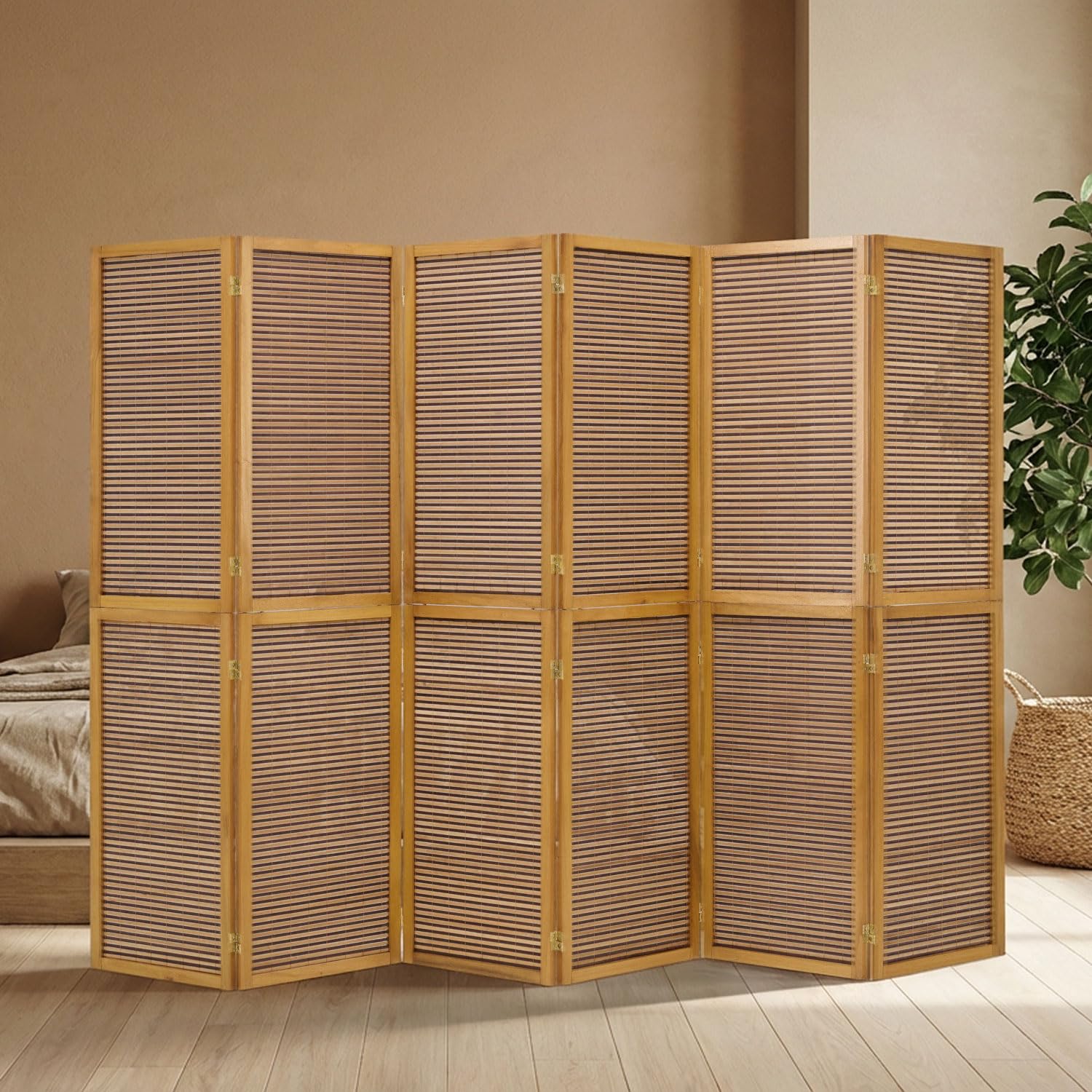 Homestyle4u Paravent Raumteiler 6 teilig Holz Braun Bambus Trennwand Sichtschutz faltbar