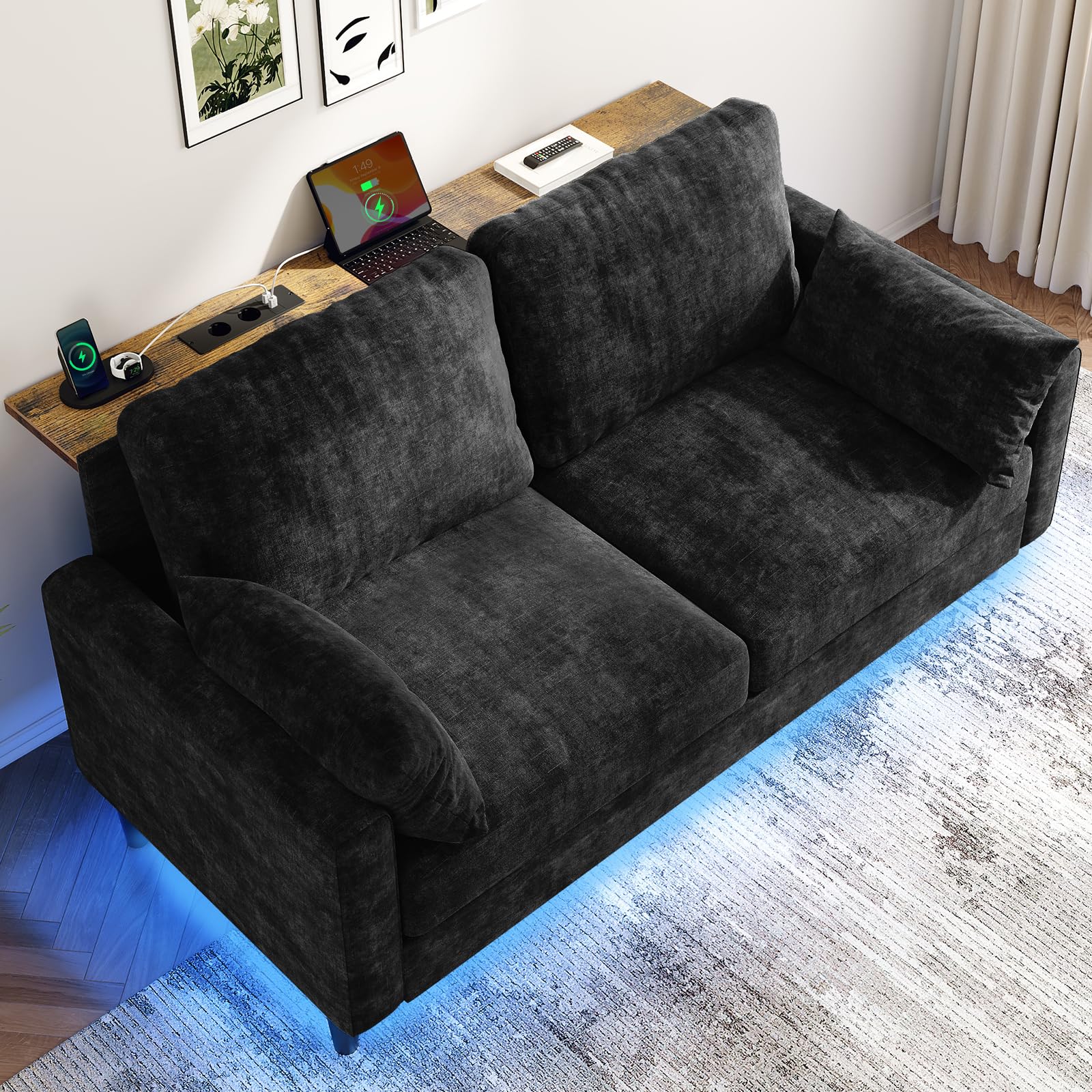 KKL Couch 2 Sitzer Sofa mit LED-Lichtschläuche und 2 AC-Ladeanschlüssen 2 USB-Anschlüssen Chenille für Wohnzimmer/Schlafzimmer/Wohnung