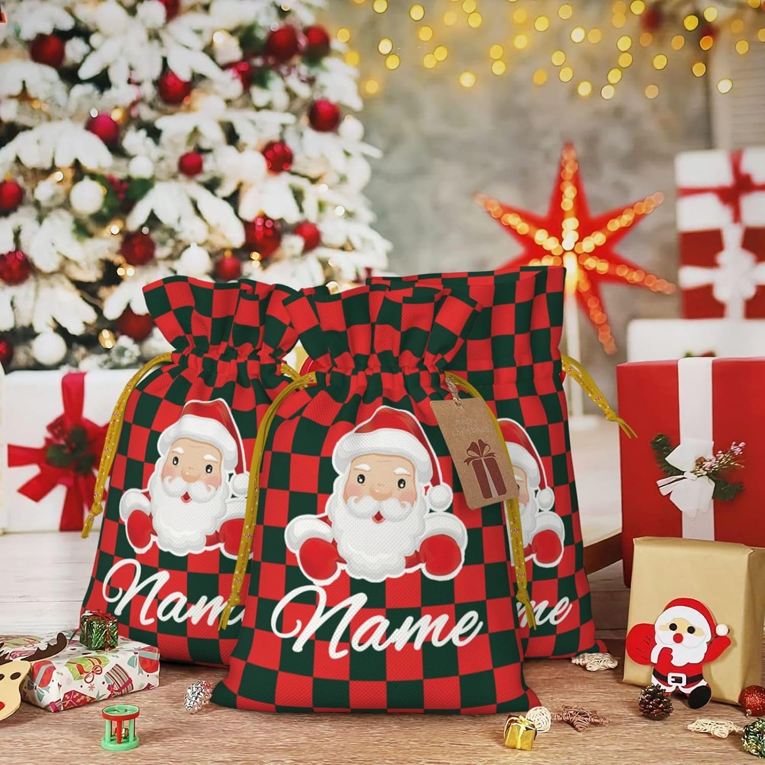 Personalized Christmas Drawstring Gift Bags with Name Xmas