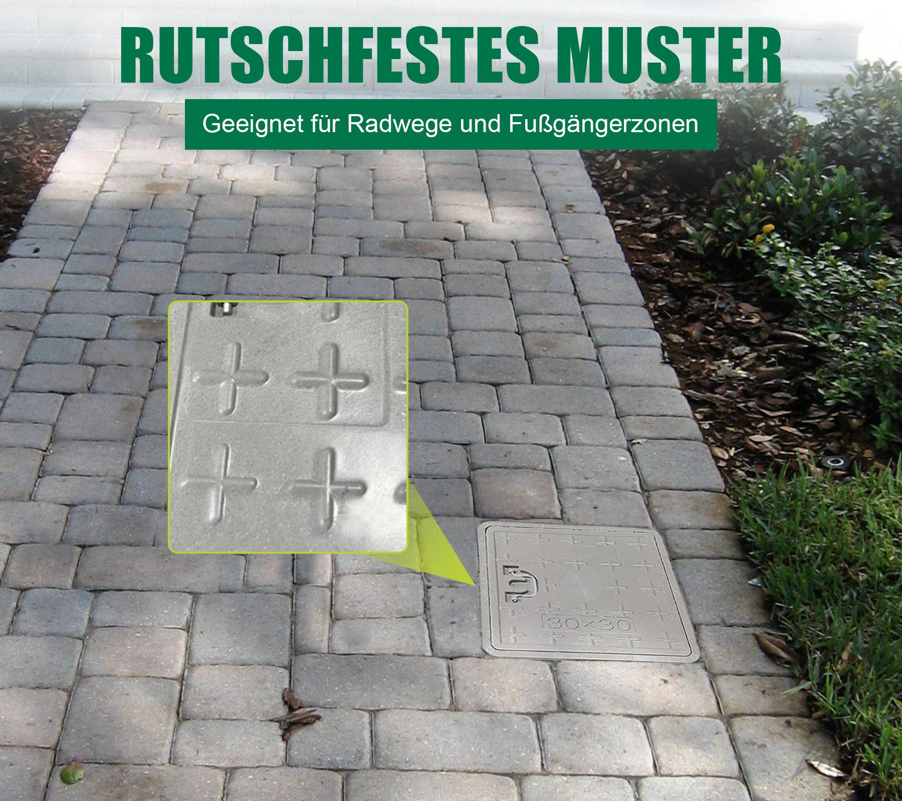 GFK-Schachtabdeckung mit Rahmen Griff 300x300 mm A15 Begehbar Schachtdeckel Kanaldeckel Revisionsschacht für Gehweg Grünfläche UV-Beständig Frostbeständig Korrosionsbeständig Rutschfest Grau