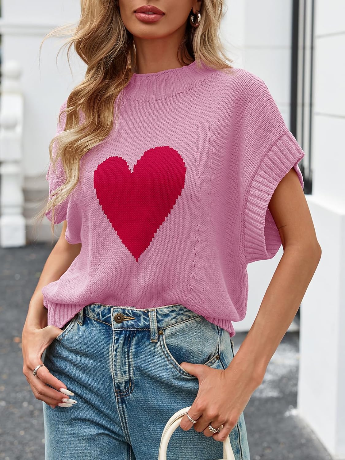 Saodimallsu Womens Cap Sleeve Cropped Sweater Mock Neck Cute Heart Loose Valentine Knit Tank Tops - Image 5