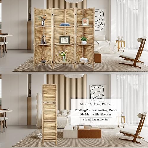Miniatura 6 de Babion Divisor de habitación de 6 paneles divisor de habitación de madera con estantes divisores portátiles de 56 pies y pantallas plegables de
