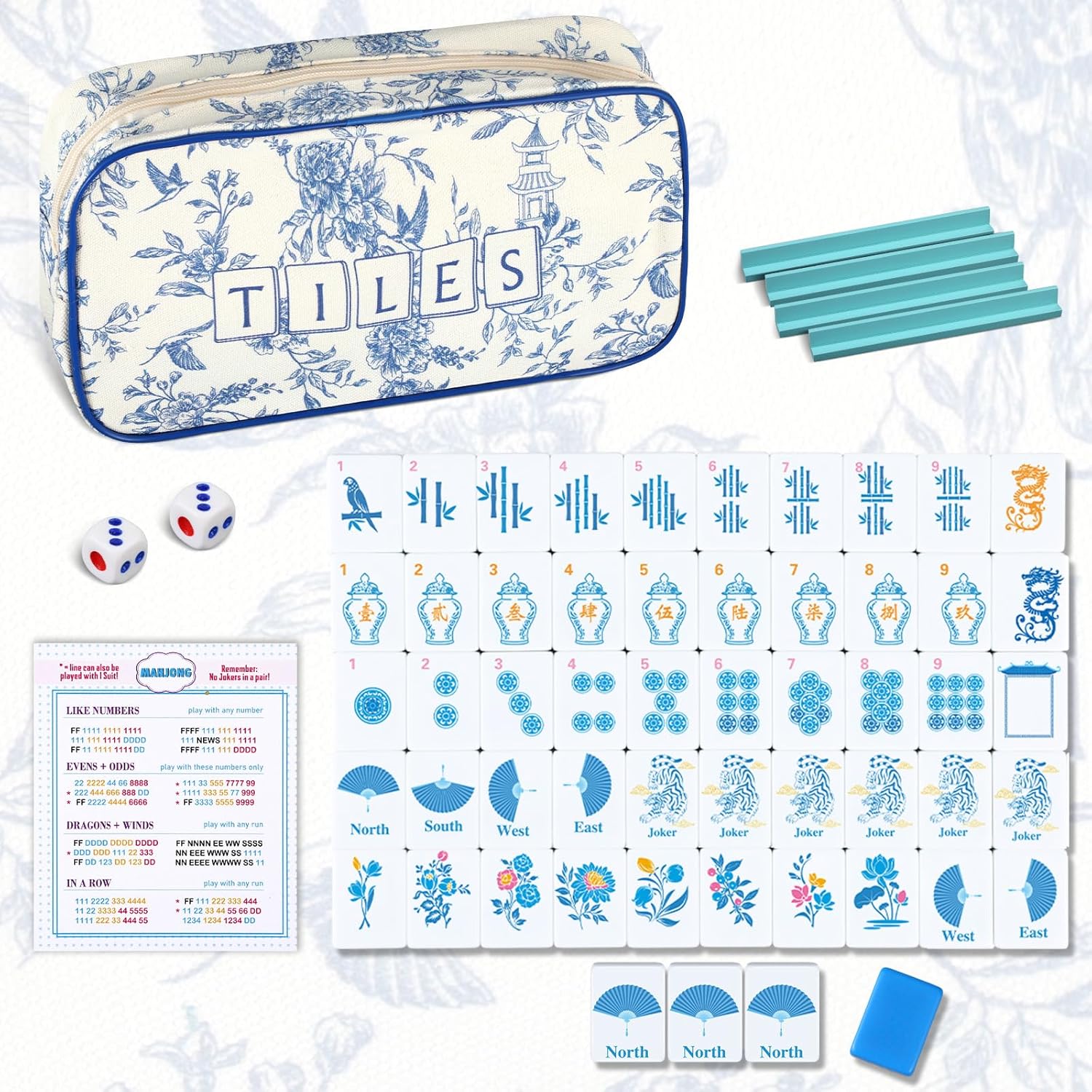 Soulchen Mini American Mahjong Tile Set Include 160 0.8 Inch Mahjong Tiles 2 Dice 4 Wooden Rulers 1 Accessory Bag 4 Beginner Rule Cards (Chinoiserie)
