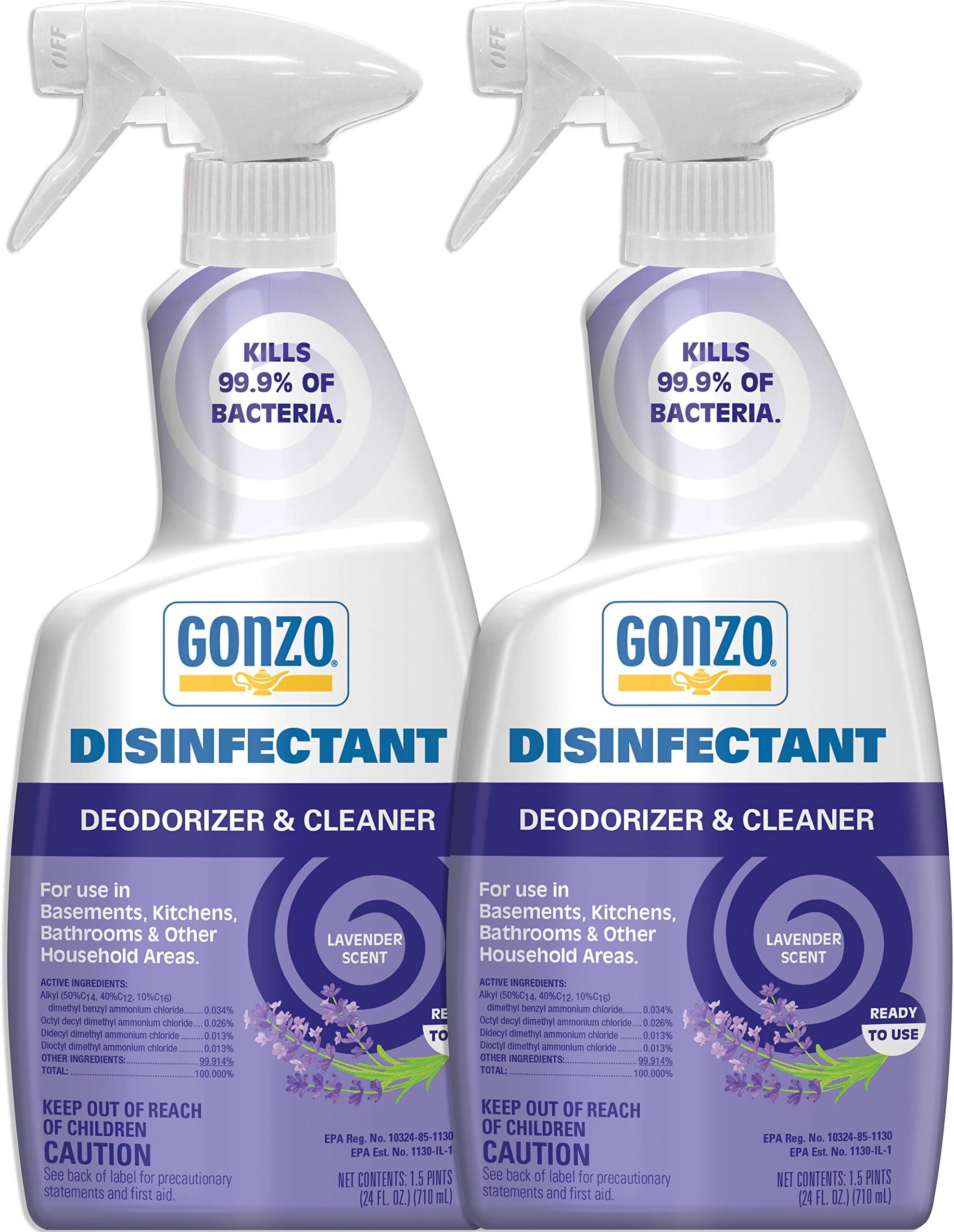 Gonzo Disinfectant Spray & All Purpose Cleaner - 24 Ounce (2 Pack) Lavender - Odor Eliminator, Disinfectant, Flood Fire Water Damage Restoration