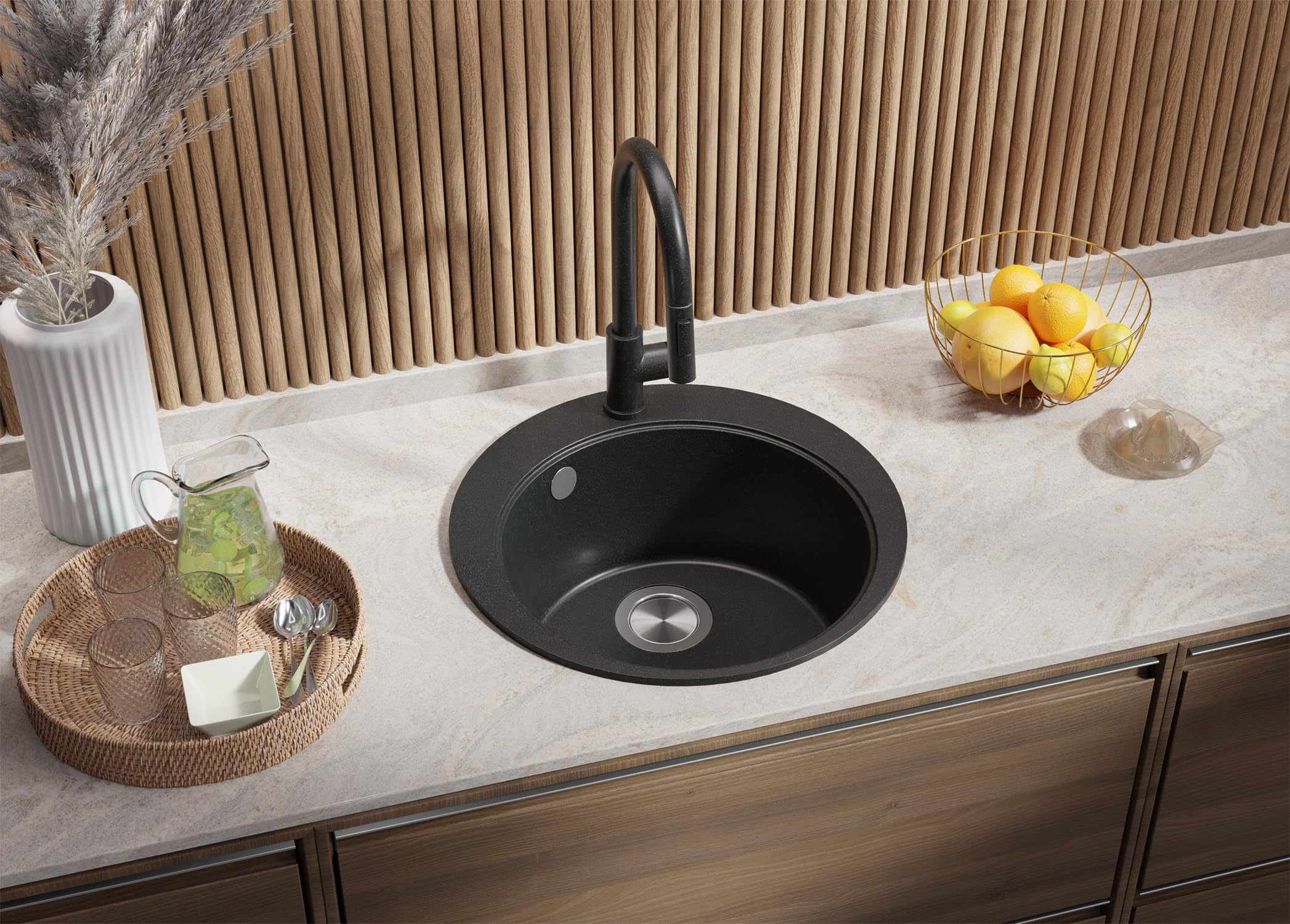 PRIMAGRAN Spülbecken Anthrazit - Piza Top, 50x50cm | Granitspüle 1 Becken + Zuberhor-Set, Küchenspüle ab 45er Unterschrank (S029)