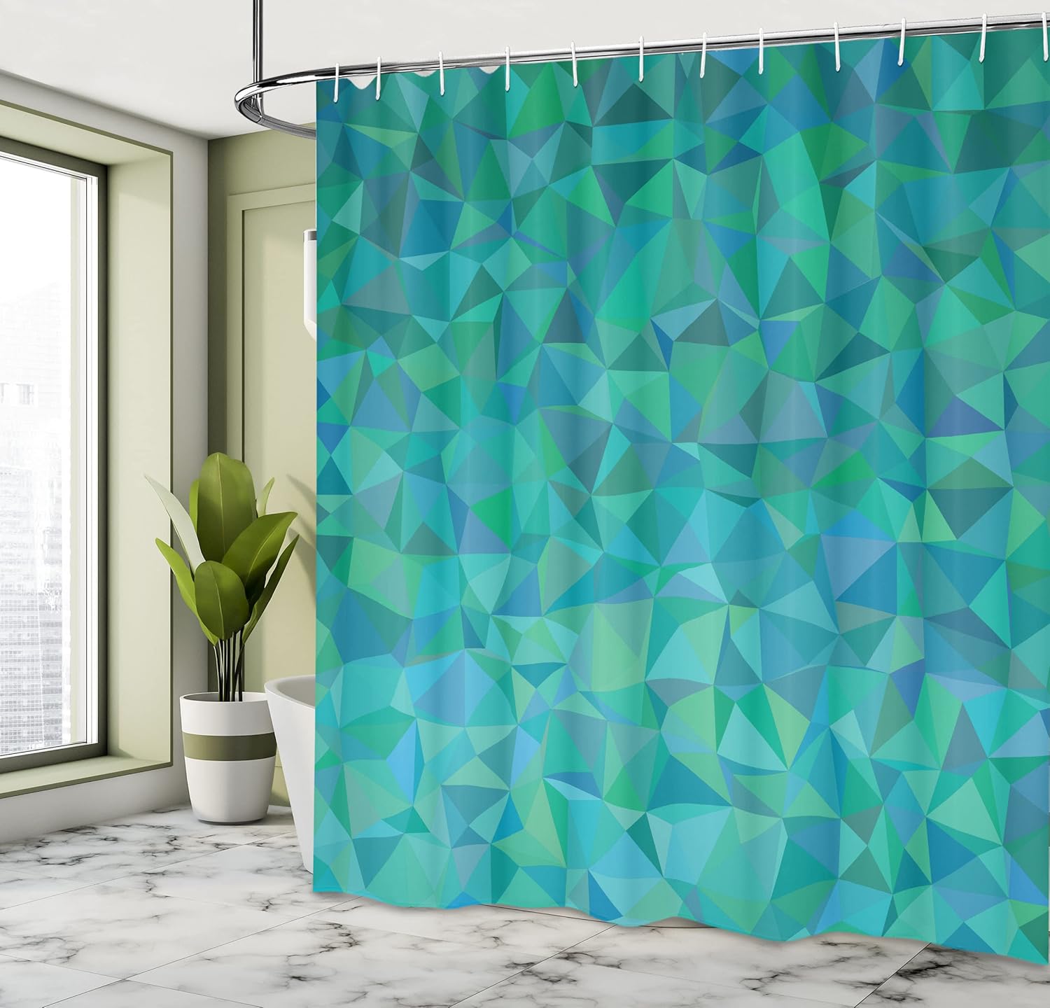 Ambesonne Teal Shower Curtain, Abstract Irregular Triangle Mosaic Design and Geometrical Modern Art Image Pattern, Cloth Fabric Bathroom Decor Set with Hooks, 69" W x 75" L, Green Navy