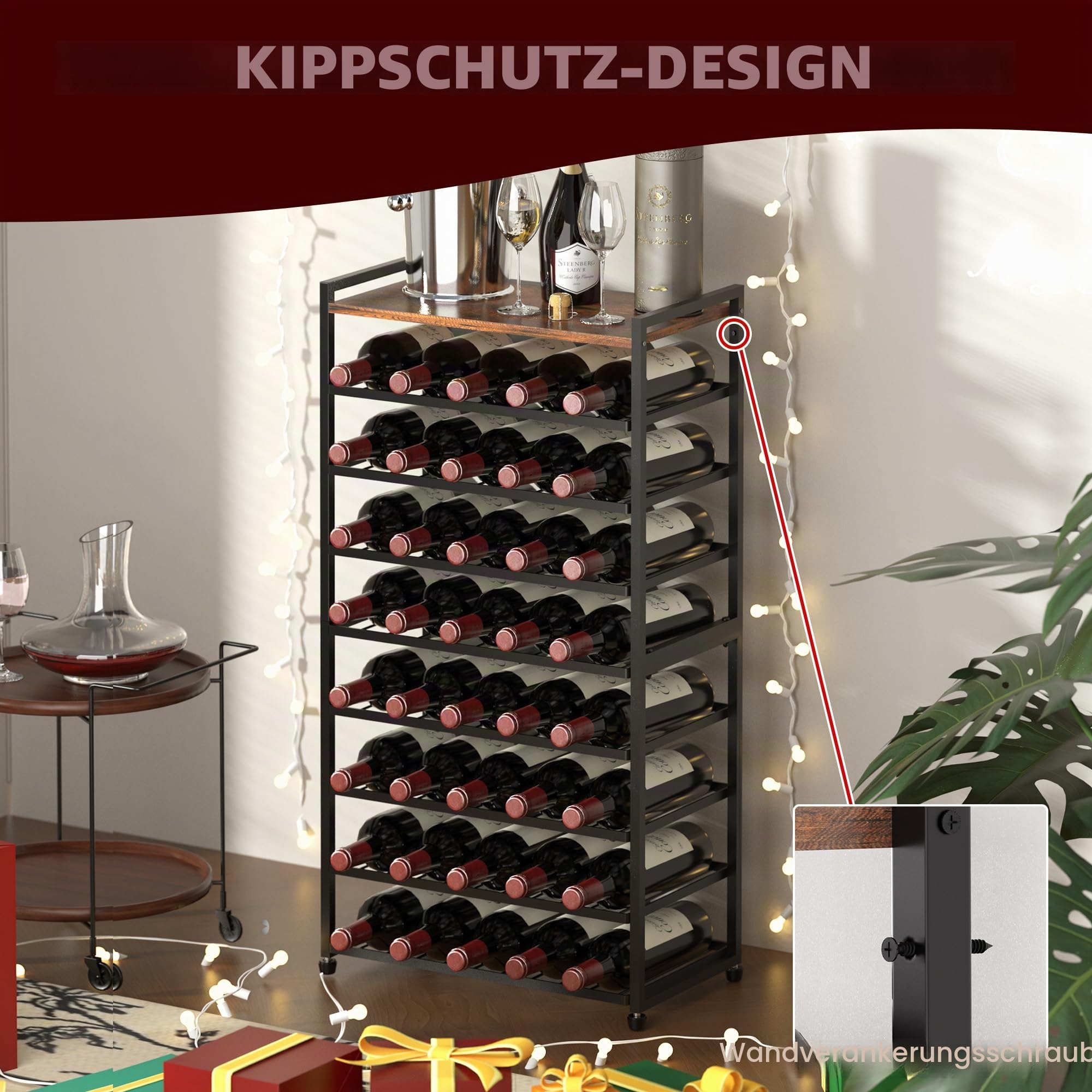 Weinregal für 40 Flaschen, 8-stufiges Flaschenregal, Stehendes Metall-Weinregal mit Tischplatte, Abnehmbarer Weinflaschenhalter, Barständer, Ausstellungsregal für Küche, Bar, Wine Rack