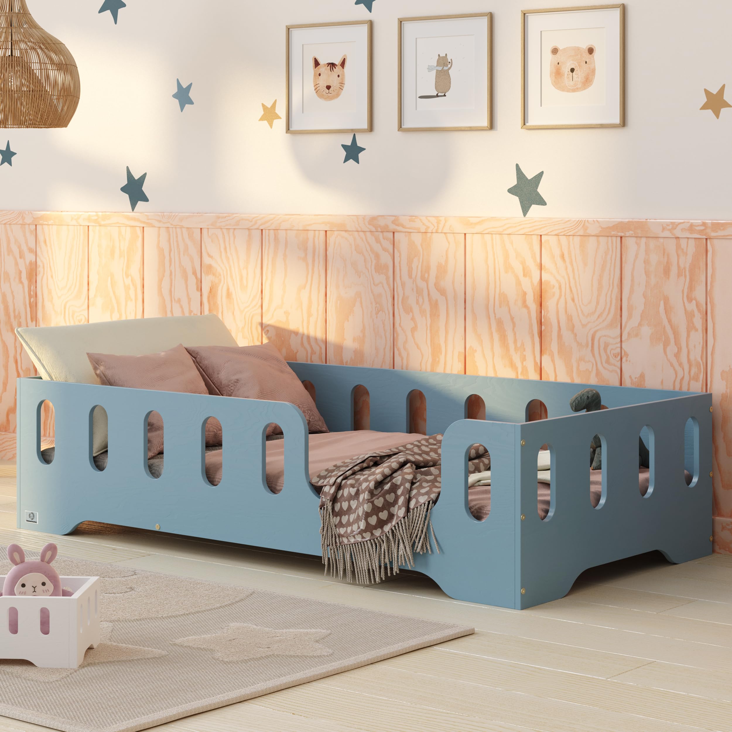 smartwood Bodenbett 120x200 Blau - Montessori Kinderbett aus Holz mit FSC-Zertifikat TILA 2P mit Rausfallschutz & Lattenrost bis 300kg belastbar - Einfache Montage