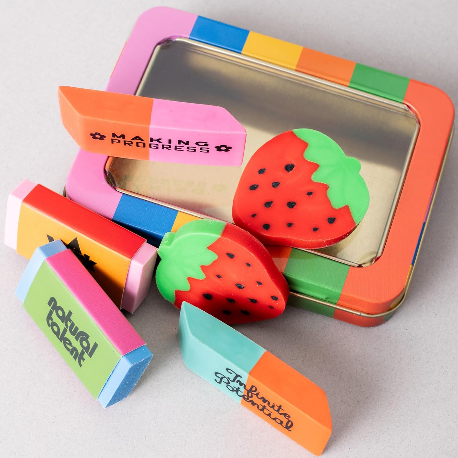 ban.do Novelty Eraser Set with Vintage Design, Cute Erasers for Work/Teacher/Office, 6 Pieces in Metal Tin Case, 4.5 x 3.3 inches, Infinite Potential - Image 3