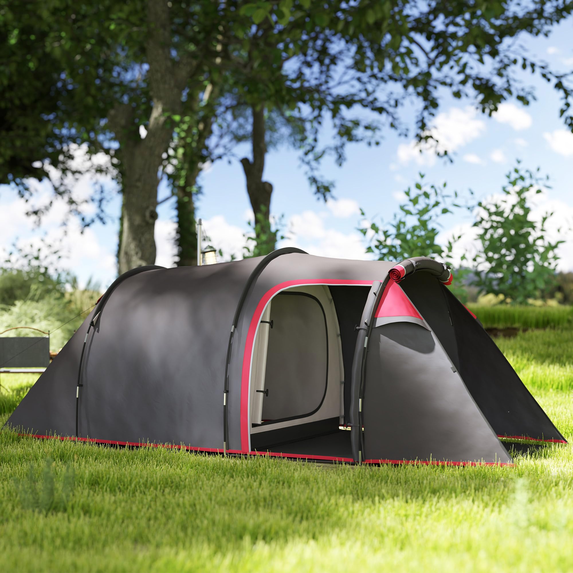 Outsunny Tienda de Campaña Familiar Tipo Túnel 2-3 Personas Plegable Impermeable 2000+ mm a Prueba de UV 20+ Ligero con Vestíbulo y 4 Estaciones para Camping Senderismo 426x206x154 cm