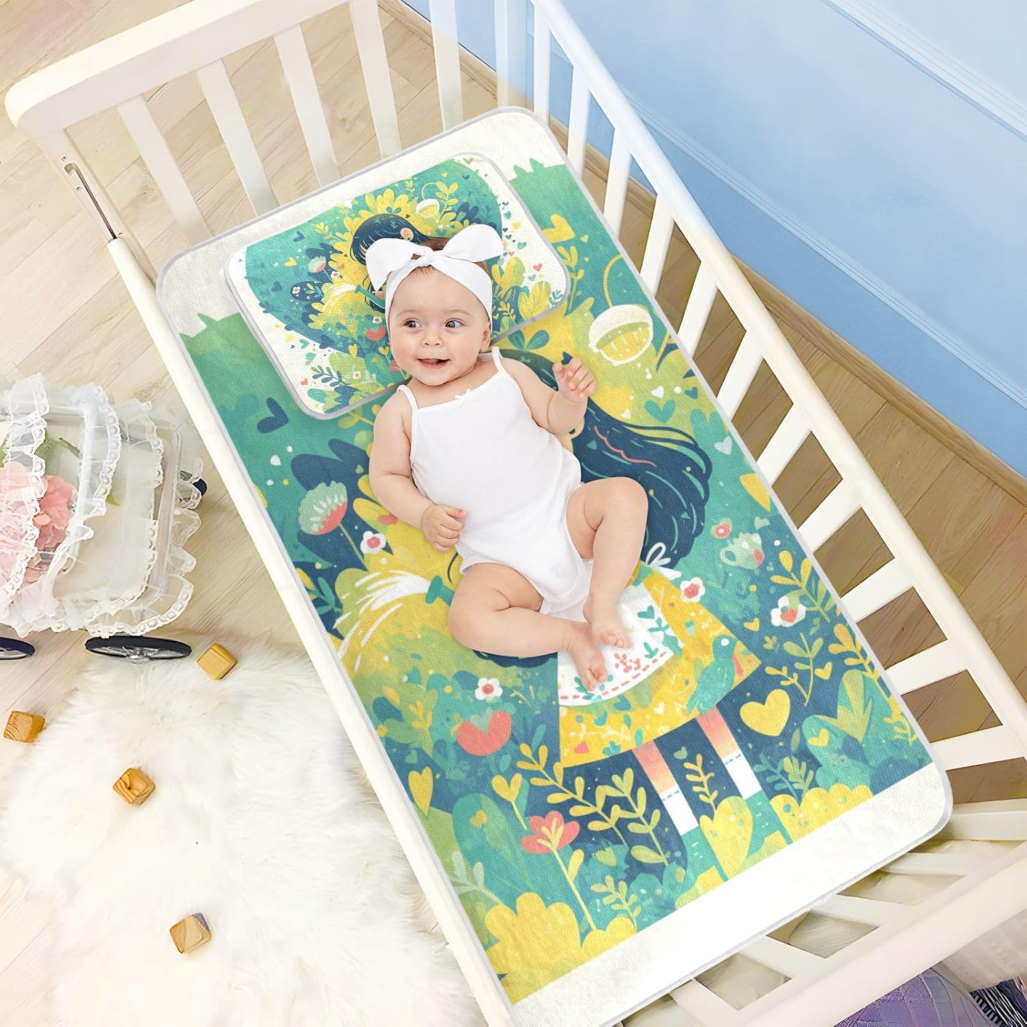 Cartoon Cute Girl Green Cooling Baby Fitted Crib Mattress 28" x 52" Ultra Soft Pads Washable Waterproof for Kids, Adult