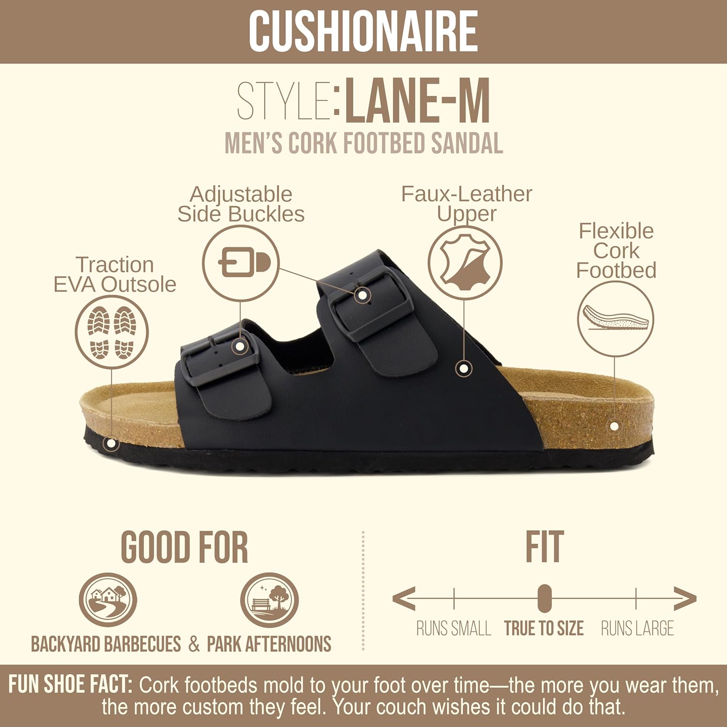 CUSHIONAIRE Lane Cork Footbed Mens Sandals, Adjustable Buckle Comfort Slides for Men, Genuine Leather Insole Summer Sandals Men Footwear