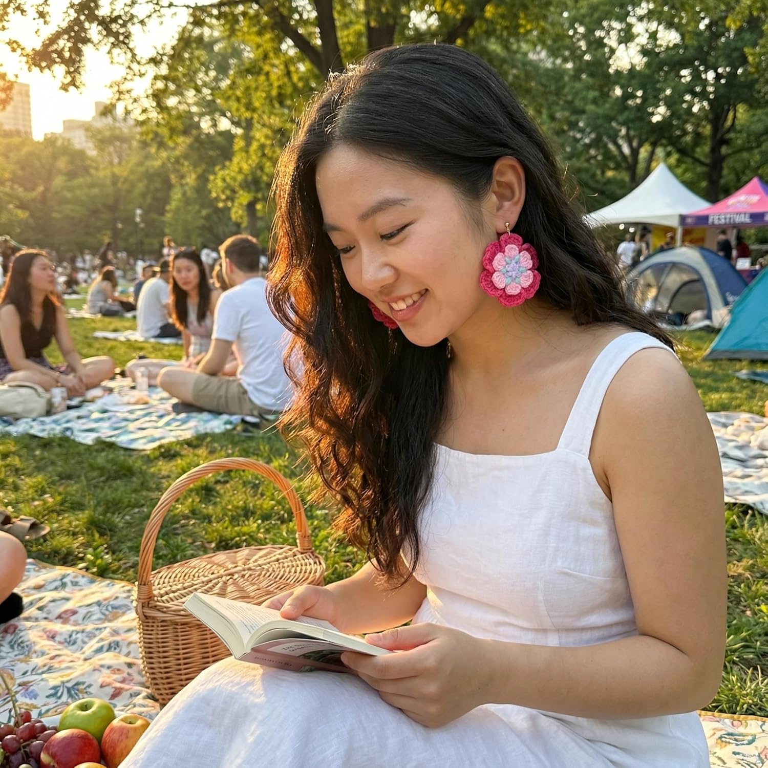 Blush Waltz Handmade Crochet Flower Earrings, Red Bloom Statement Dangles with Gold-Plated Hooks, Lightweight Winter Holiday Jewelry — KnitAra Handmade Magic - Image 5