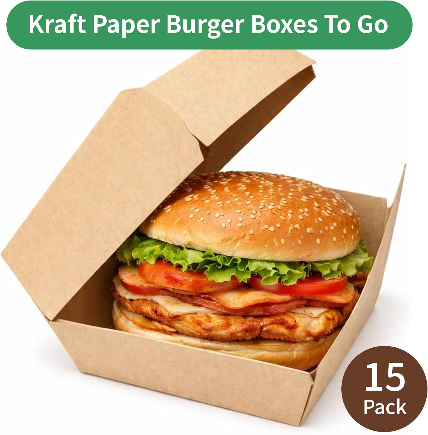 FC Meyer Sandwich Clamshell with Vents, CLAM4424, Clamshell Take Out Containers, Kraft Recyclable Paperboard Boxes To-Go for Catering, 3 7⁄8” x 4” x 2 3⁄4”, Disposable Hamburger Containers, Pack of 15