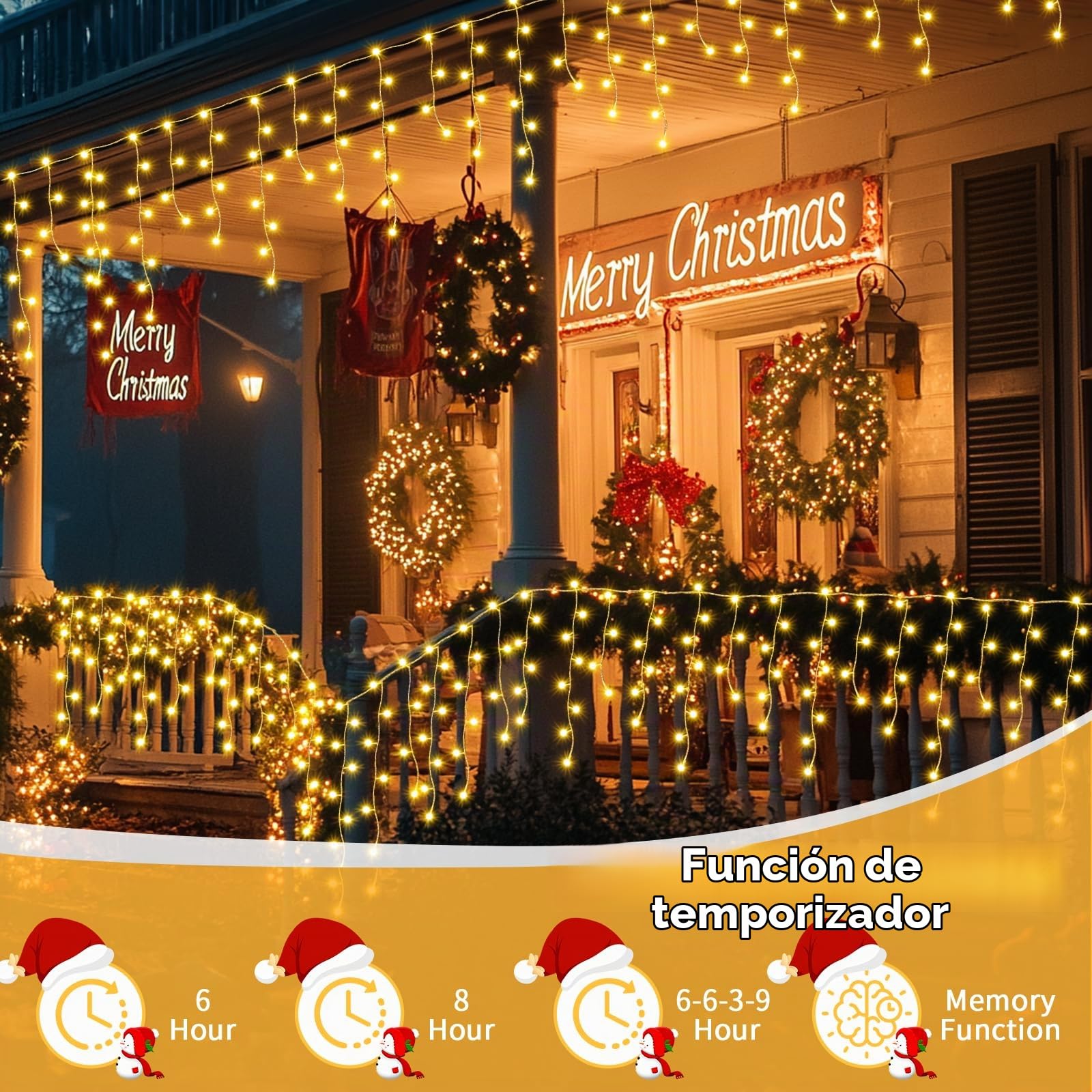 Auriostar Cortina Luces Navidad Exterior, 15M 594LED Cadena Luces Exterior, 8 Modos Guirnalda Luces para Exterior, Interio, Decoración Navidad, Casa, Balcon, Habitación, Jardín, Blanco Cálido