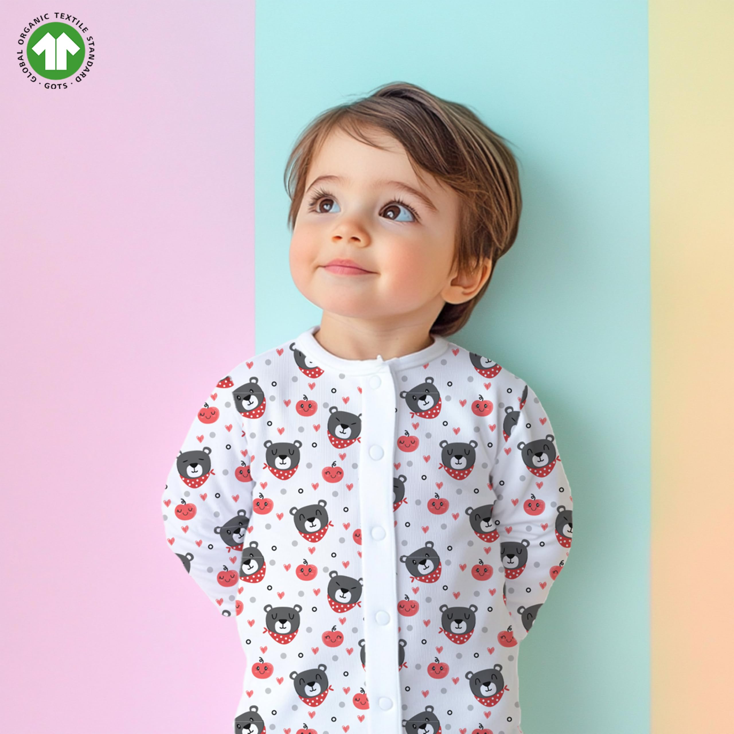 Kidbea® 100% Cotton Romper Jumpsuit Night Suits for Infants Newborn Baby Boys & Girls Teddy Printed With Grey & Pink Color Size 18-24 Months - Image 2 thumbnail