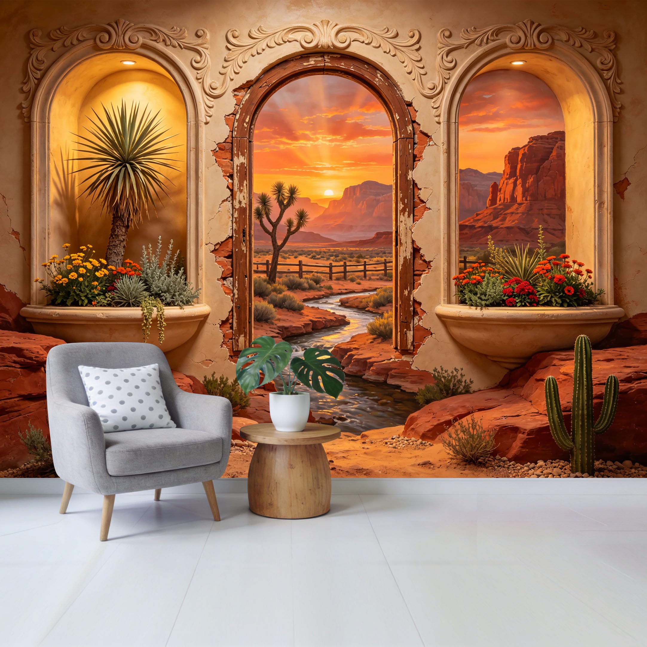 Removable Self Adhesive Fabric Mural， 3D Desert Canyon Sunset Custom Size Wall Covering， UV Protected Waterproof Washable Wall Decor for Living Room Bedroom Bathroom