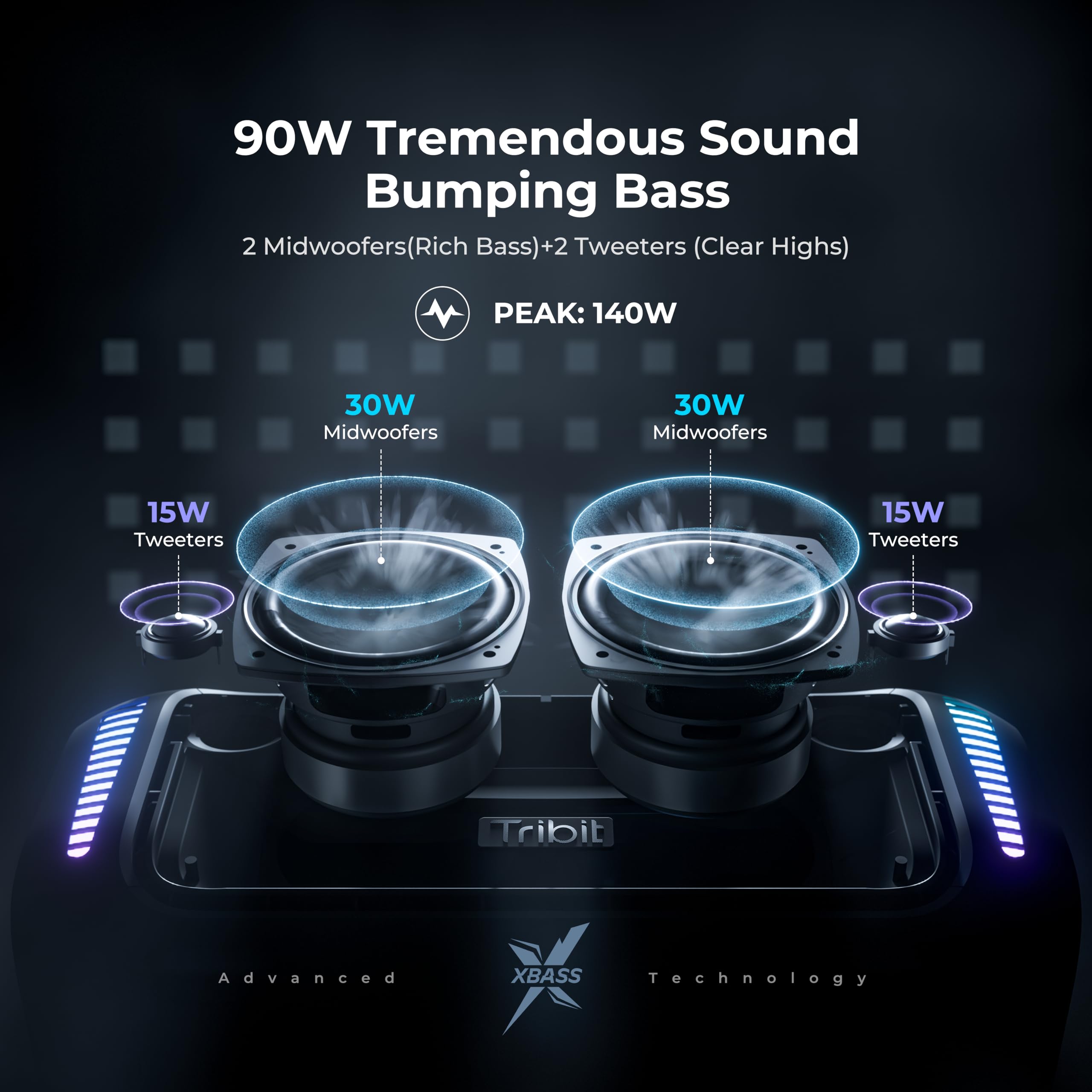 Tribit StormBox Blast Enceinte Bluetooth Puissante, 90 W | XBass, 30 h d'autonomie, IPX7 étanche, Bluetooth 5.3, EQ personnalisé, lumières LED, appairage TWS, camping, plein air, plage