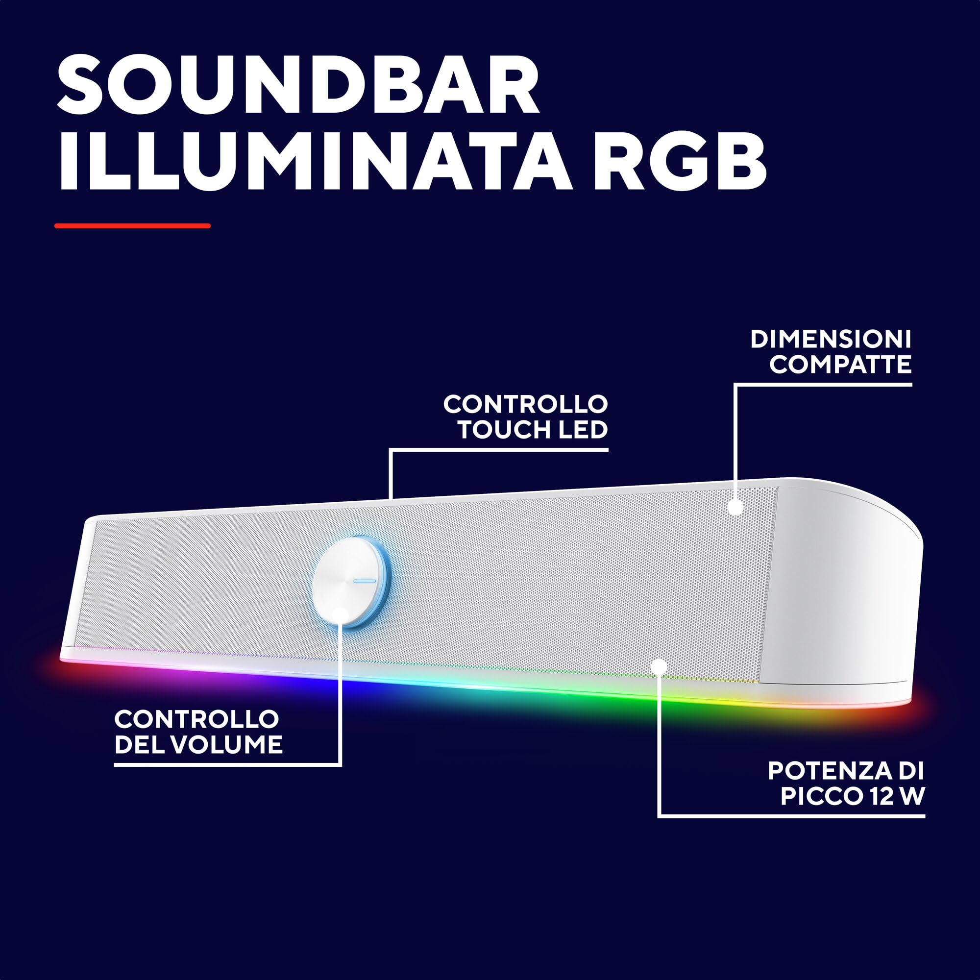 Trust Gaming GXTrust 1619W Rhox Soundbar PC Illuminata RGB, 12W Casse PC Stereo Speaker con Illuminazione Regolabile, Alimentazione USB, Jack 3.5 mm, Altoparlanti per Computer Laptop TV, Bianco
